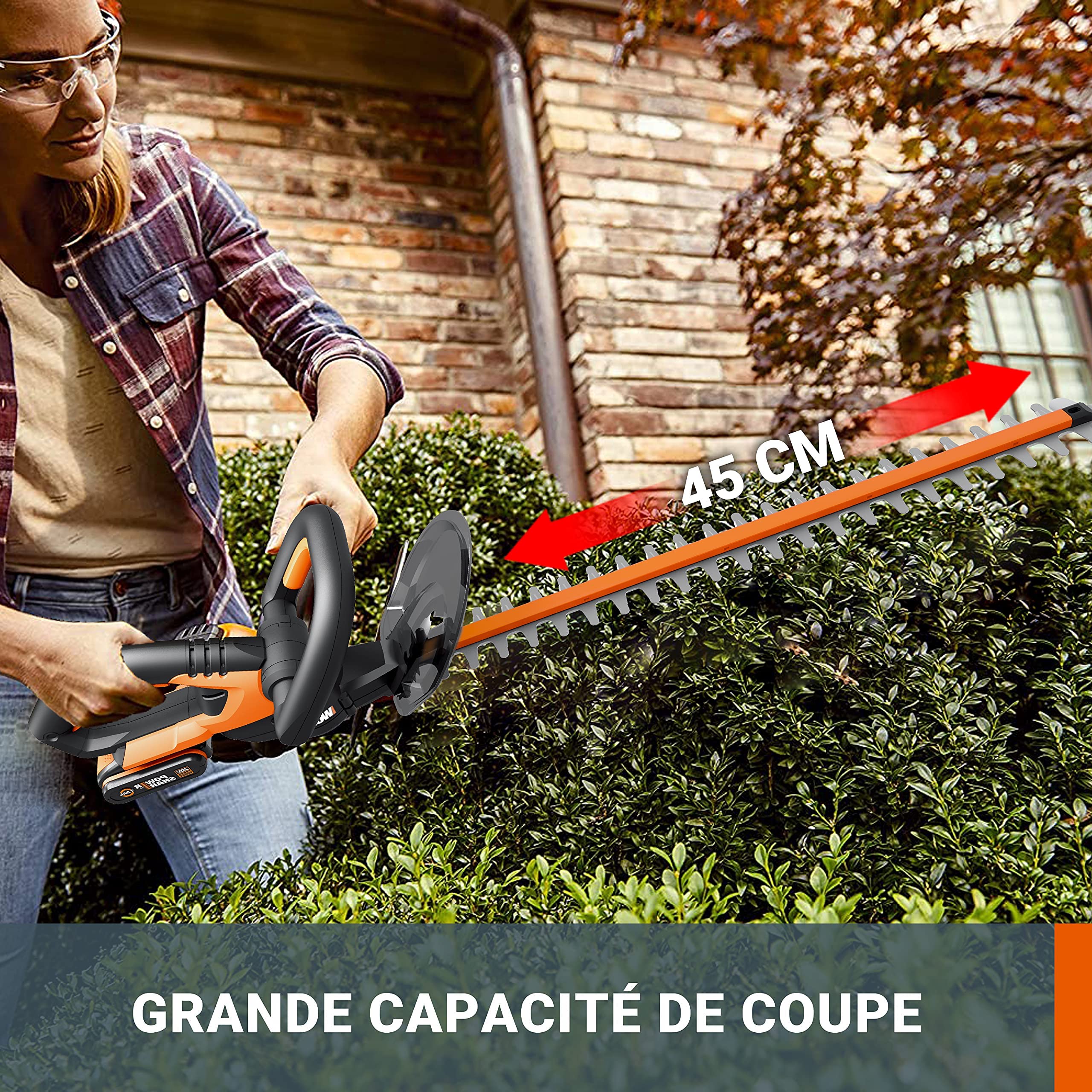 WORX - Taille-Haies sans Fil - 20V- Lame de 46 cm- WG261E.9 + Pack Batterie / Chargeur - 20V-2,5Ah (Poignées avec 2 Positions, Lame Double Action, Compatible avec Les Outils et Batteries PowerShare)