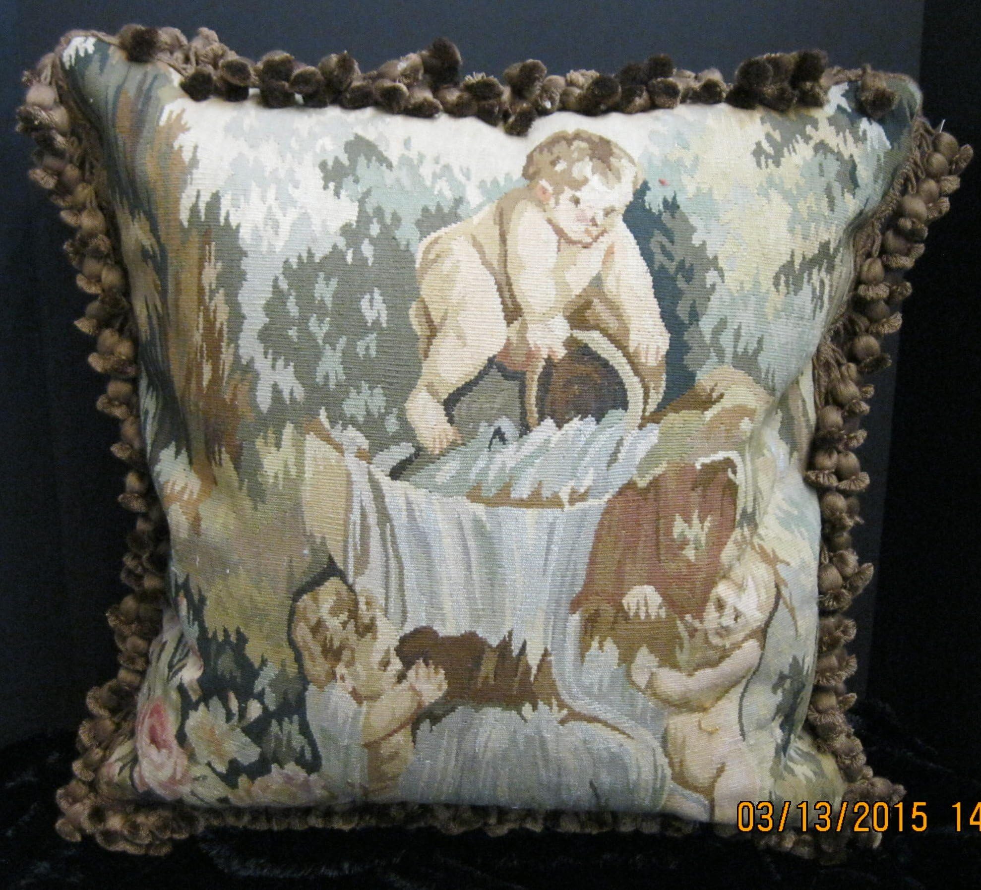 Old French style Aubusson pillow with Three Cherubs playing in Waterfall 22 x22 inches
