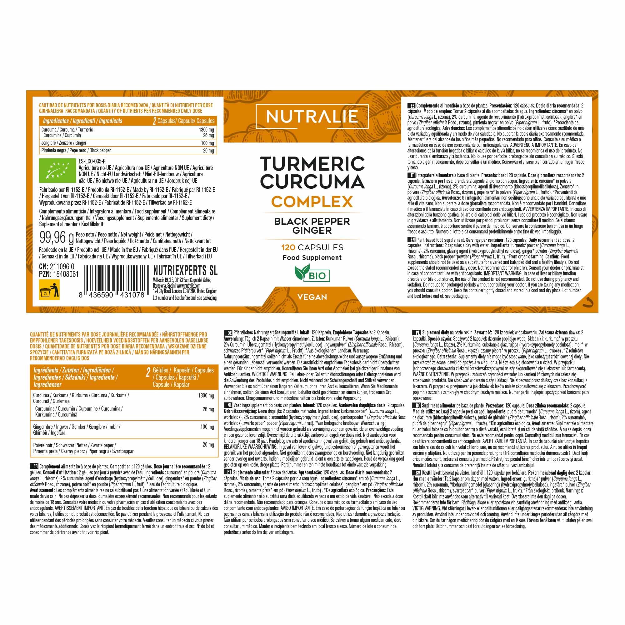 Curcuma Capsule e Piperina + Zenzero + Pepe Nero - 1420mg - Curcumina - Curcuma BIO - Turmeric Naturale 120 Capsule - Nutralie