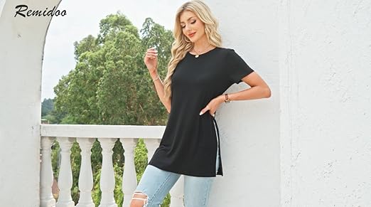 Remidoo Women's Side Slit Tunic Tops Crewneck Short Sleeve