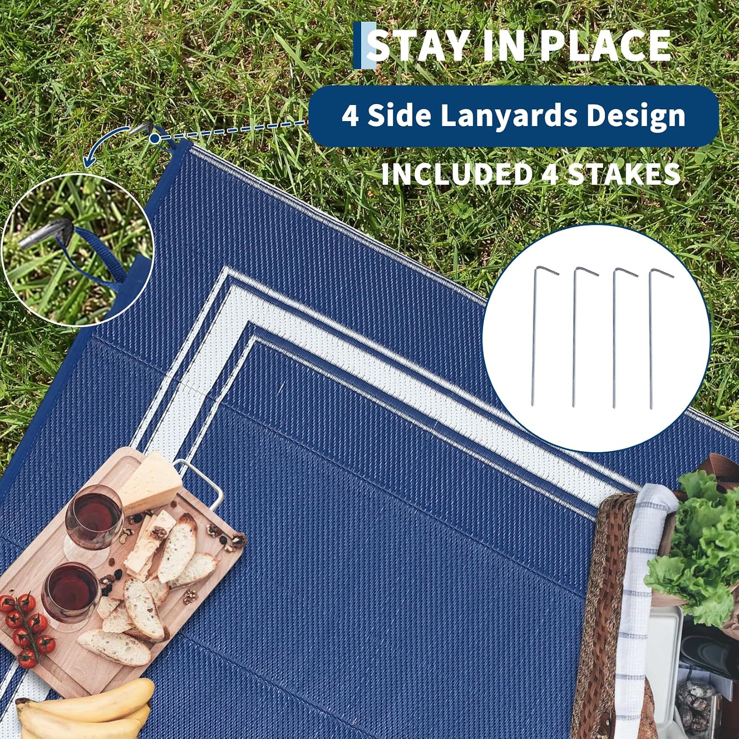 Outdoor Patio Rug 9x18 Waterproof Outside Area Rugs Border Reversible Plastic Straw Carpet for RV Deck Camping Entryance Porch Picnic Balcony Beach，Blue/White