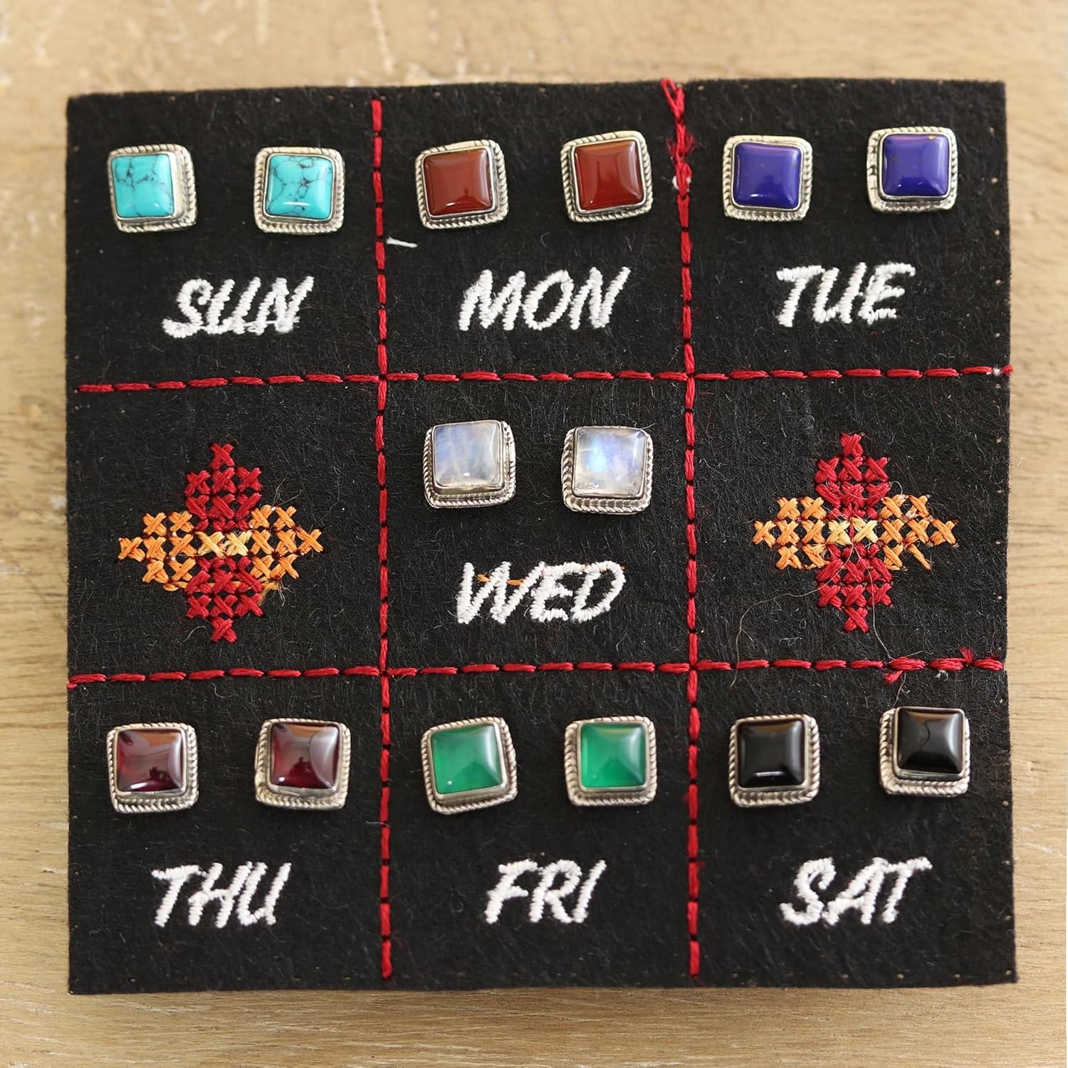 NOVICA Artisan Crafted Sterling Silver Multi Gemstone Square Stud Earrings | Push Back | Reconstituted | Turquoise | Moonstone | Lead & Nickel Free | India 'Color Magic' (Set of 7) 0.3" L x 0.3" W