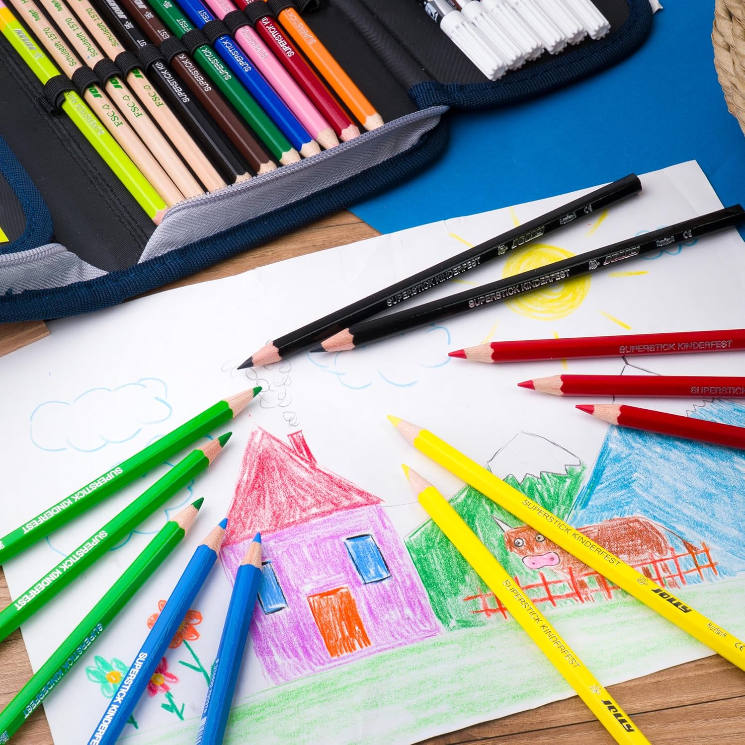 JOLLY Supersticks Smart Pack, 24 Colouring Pencils, Child Resistant, Shatterproof Lead, Bright Colours, for School, Double and Triple Colours, Pen Box, Painting, Drawing, School Supplies, Variety of