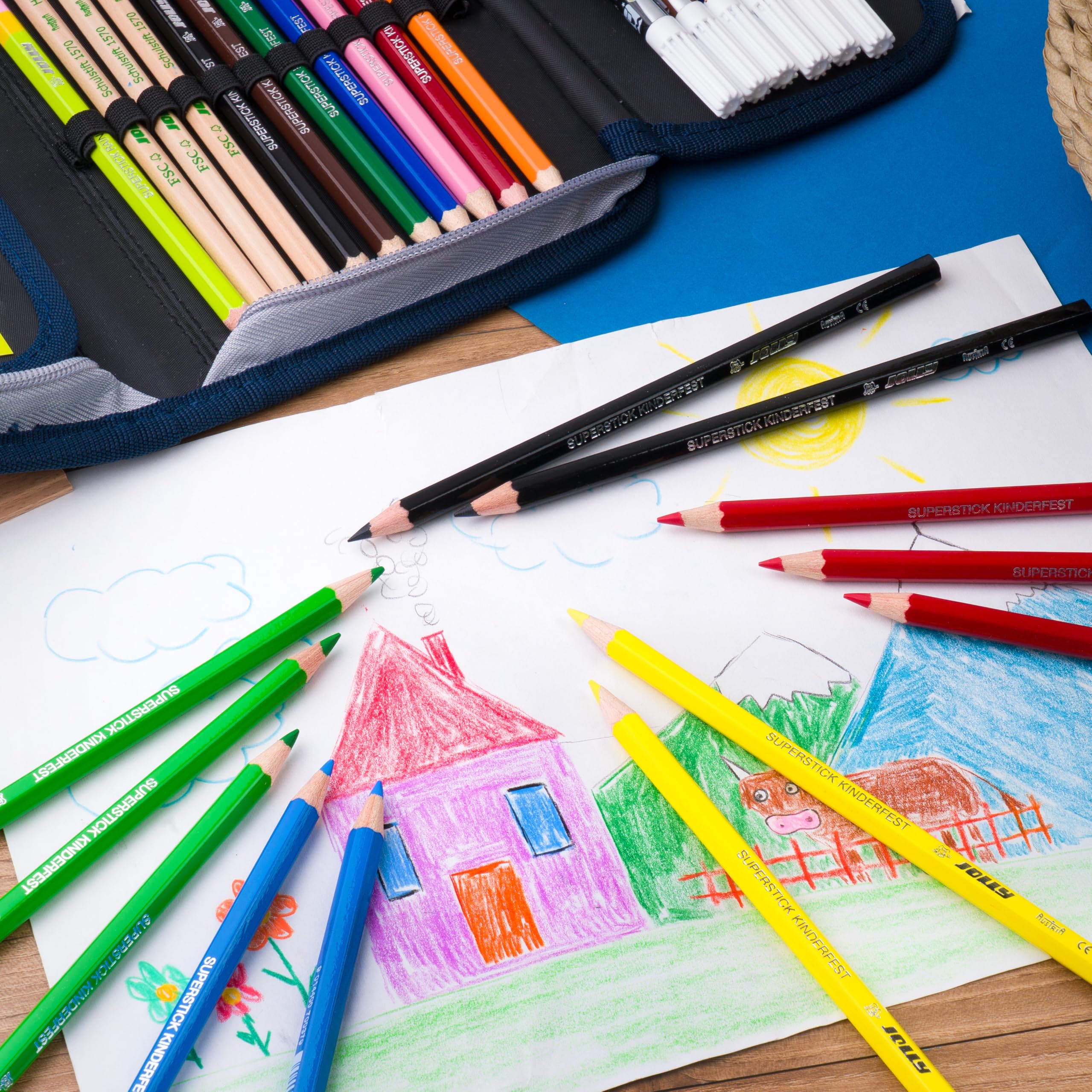 JOLLY Supersticks Smart-Pack - Confezione da 24 matite colorate, per bambini, resistente alla rottura, colori vivaci, per la scuola, doppio e triplo, per penne, pittura, disegno, materiale scolastico