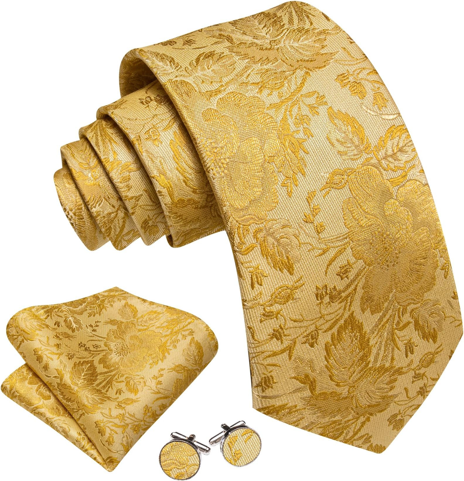 Floral Ties for Men Silk Necktie with Pocket Square Cufflinks Set for Wedding Business Graduation,Gold