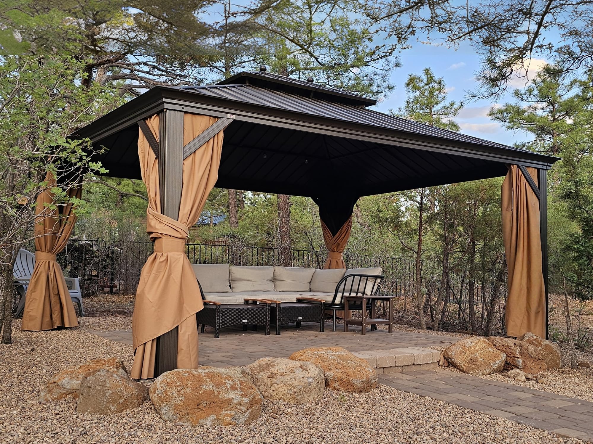 PURPLE LEAF Patio Hardtop Gazebo 14' x 16' Bronze Frame Double Roof Khaki