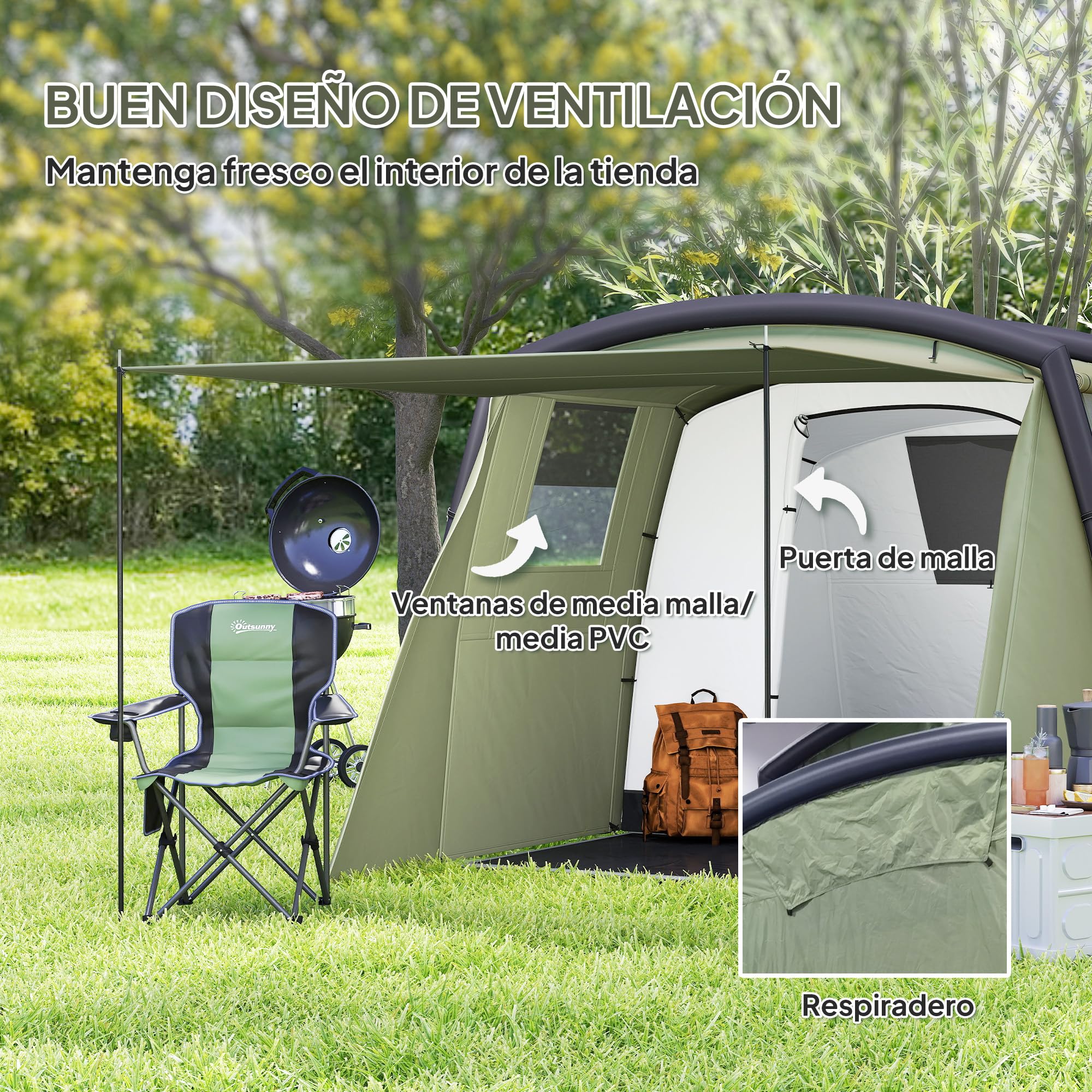 Outsunny Tenda da campeggio gonfiabile per famiglie tipo tunnel per 3-6 persone Tenda da campeggio glamping con vestibolo Finestre in rete e borsa per il trasporto Protezione UV 50+ Impermeabile