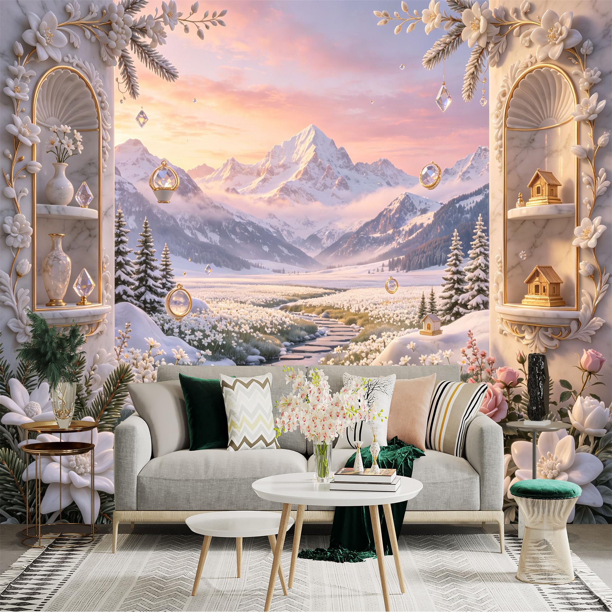 Lnzczhyre Bh260719794 Custom Size Wall Sticker Mural， Snowy Mountain Landscape With Flowing Stream， Marble Archway With Elegant Flowers， For Wall Decoration， Peelandstick Wall Decals.