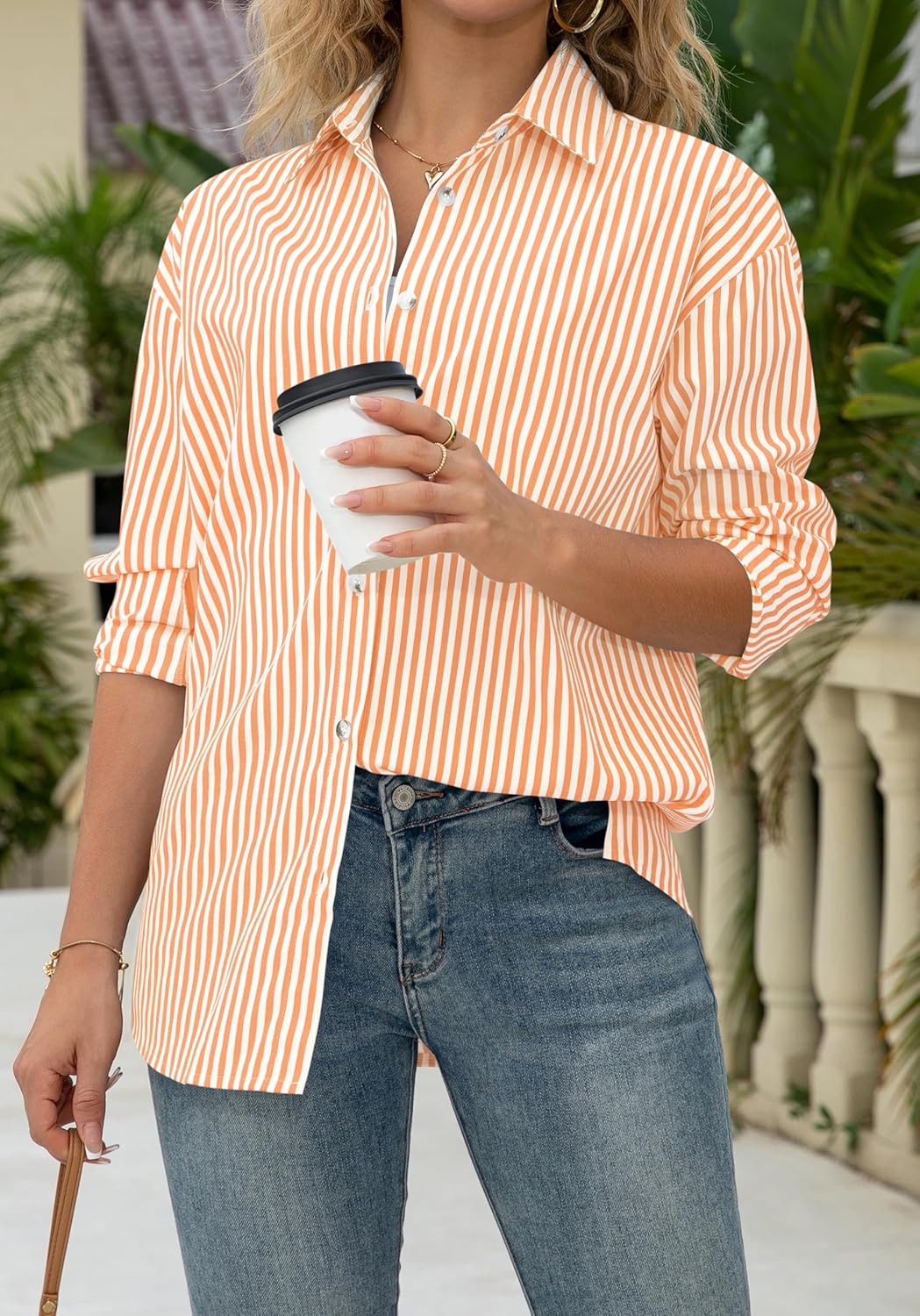 OMSJ Women's Striped Button Down Shirts Casual Long Sleeve Stylish Collared Classic Office Work Blouses Tops - Image 2