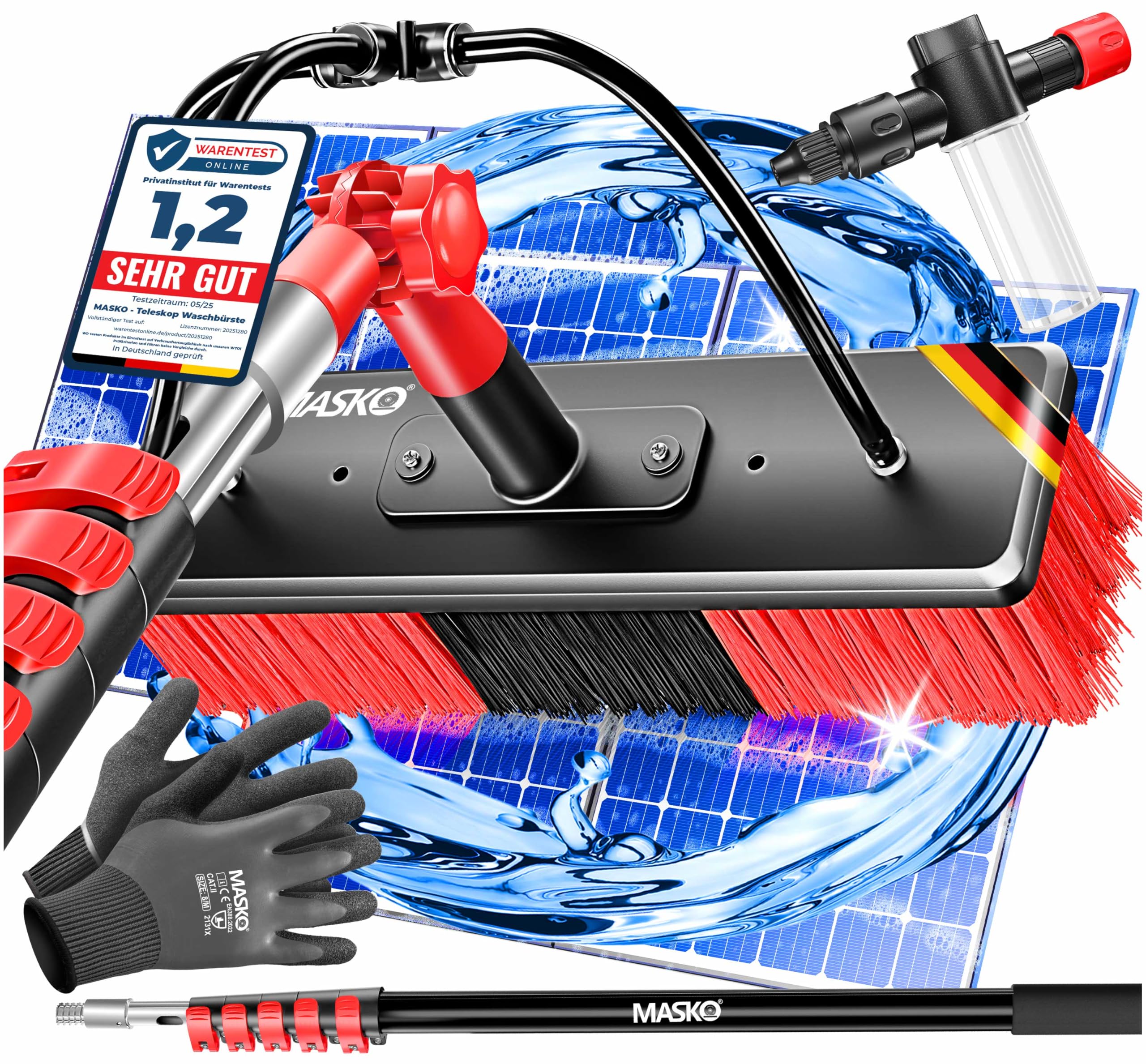 Hebitod Telescopische borstel met wateraansluiting 3,6 m, telescopische wasborstel, 2-in-1 wasborstel met telescoopsteel van aluminium, terrasdak-reiniger, telescoopstang, raamreiniging