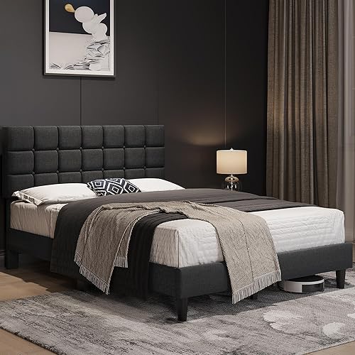 Miniatura 3 de Yaheetech Base de cama tapizada, moderna plataforma de cama Queen con cabecera acolchada con costuras cuadradas y botones, altura ajustable, soporte