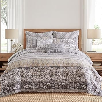 Levtex Home - Lirelle Quilt Set - Full/Queen Quilt and Two Standard Shams - Bordered Floral - Grey Tan White and Charcoal - Quilt 88x92in. and Shams 20x26in. - Reversible - Cotton