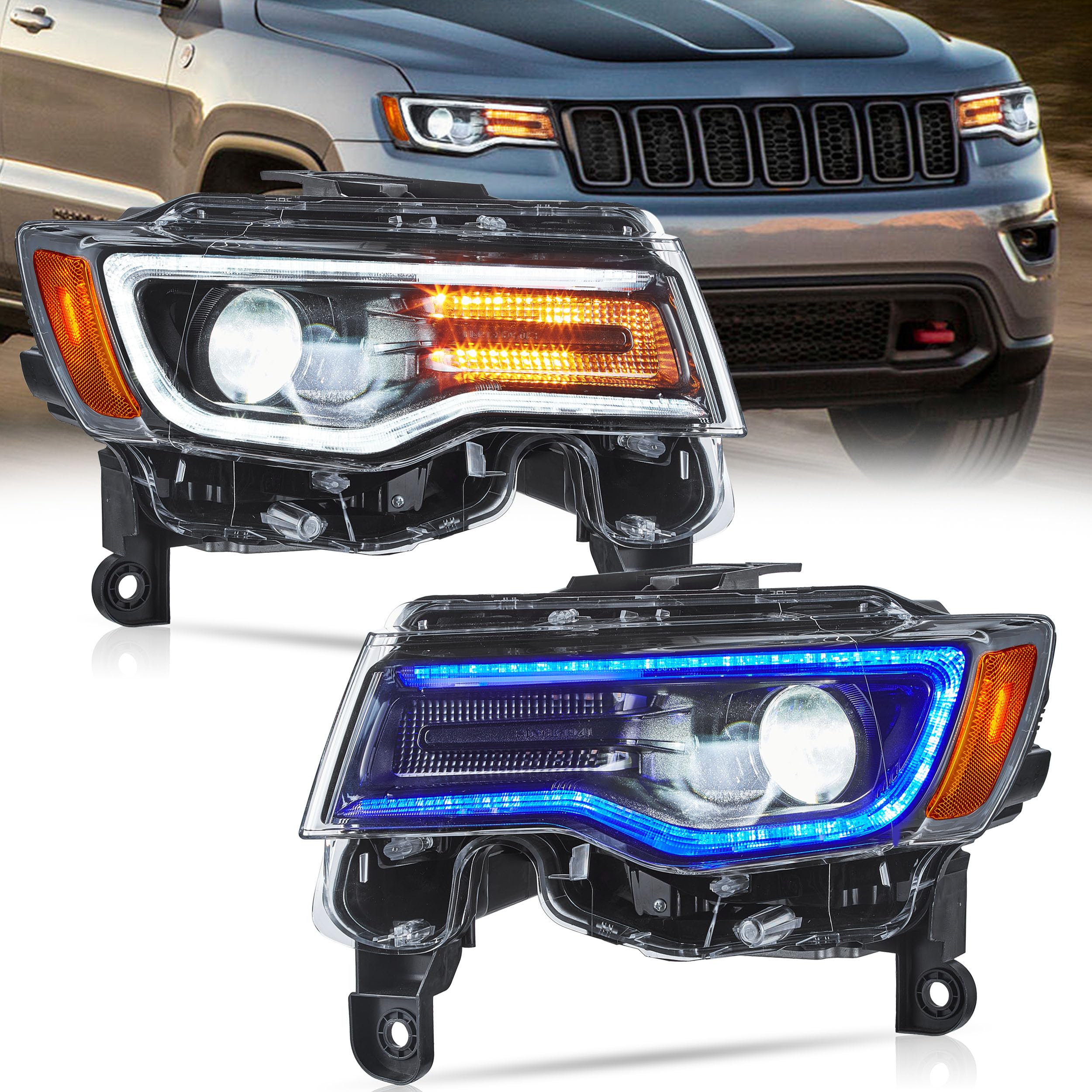 VLANDHeadlight Fit for 2014-2022 Jeep Grand Cherokee, with Startup Animation, Regular/Amber