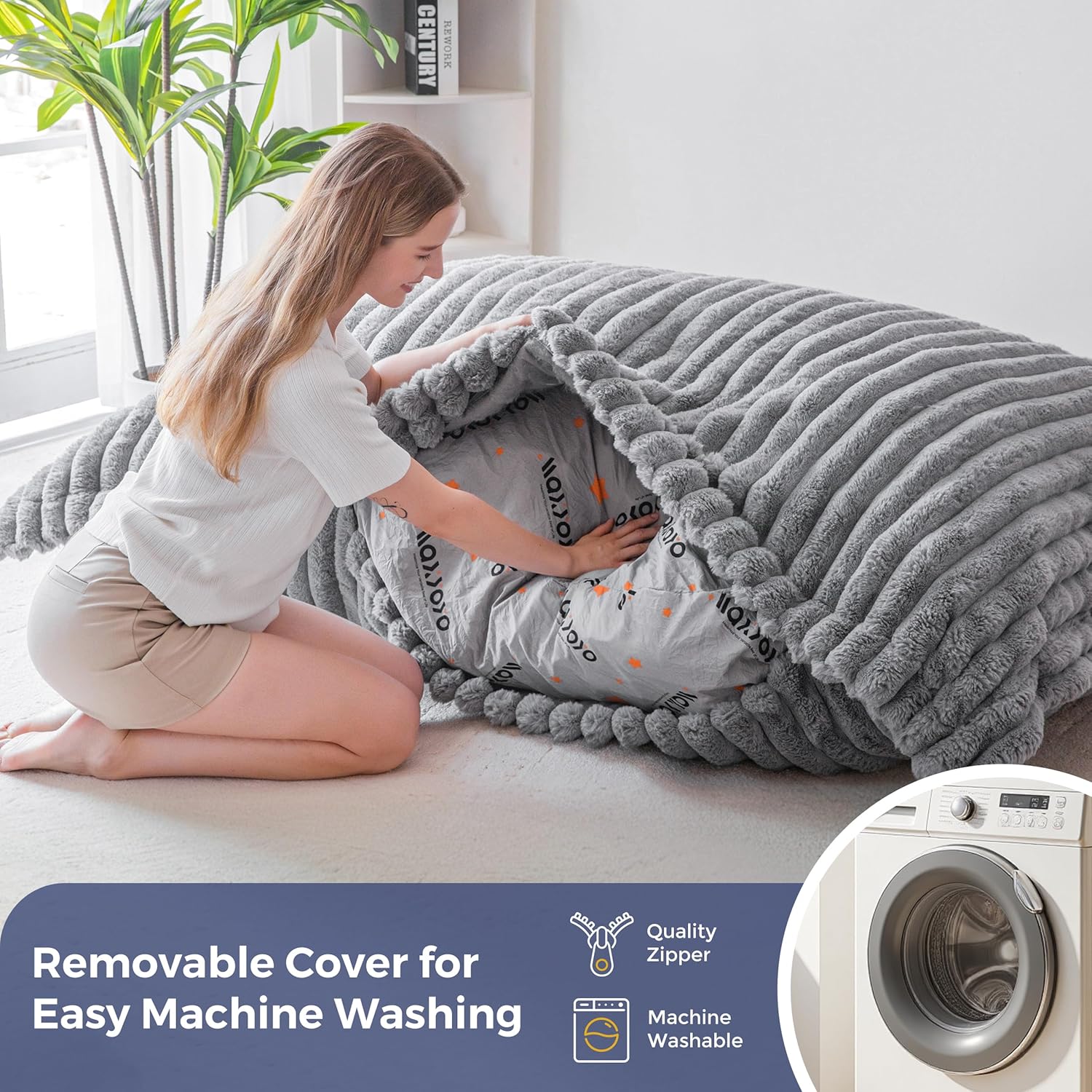 MAXYOYO Giant Bean Bag Chair with Pillow, 3 in 1 Convertible Bean Bag Chair for Adults with Washable Cover, Floor Cushion Stuffed Floor Lounger for Living Room Bedroom, Grey, Full - Image 7