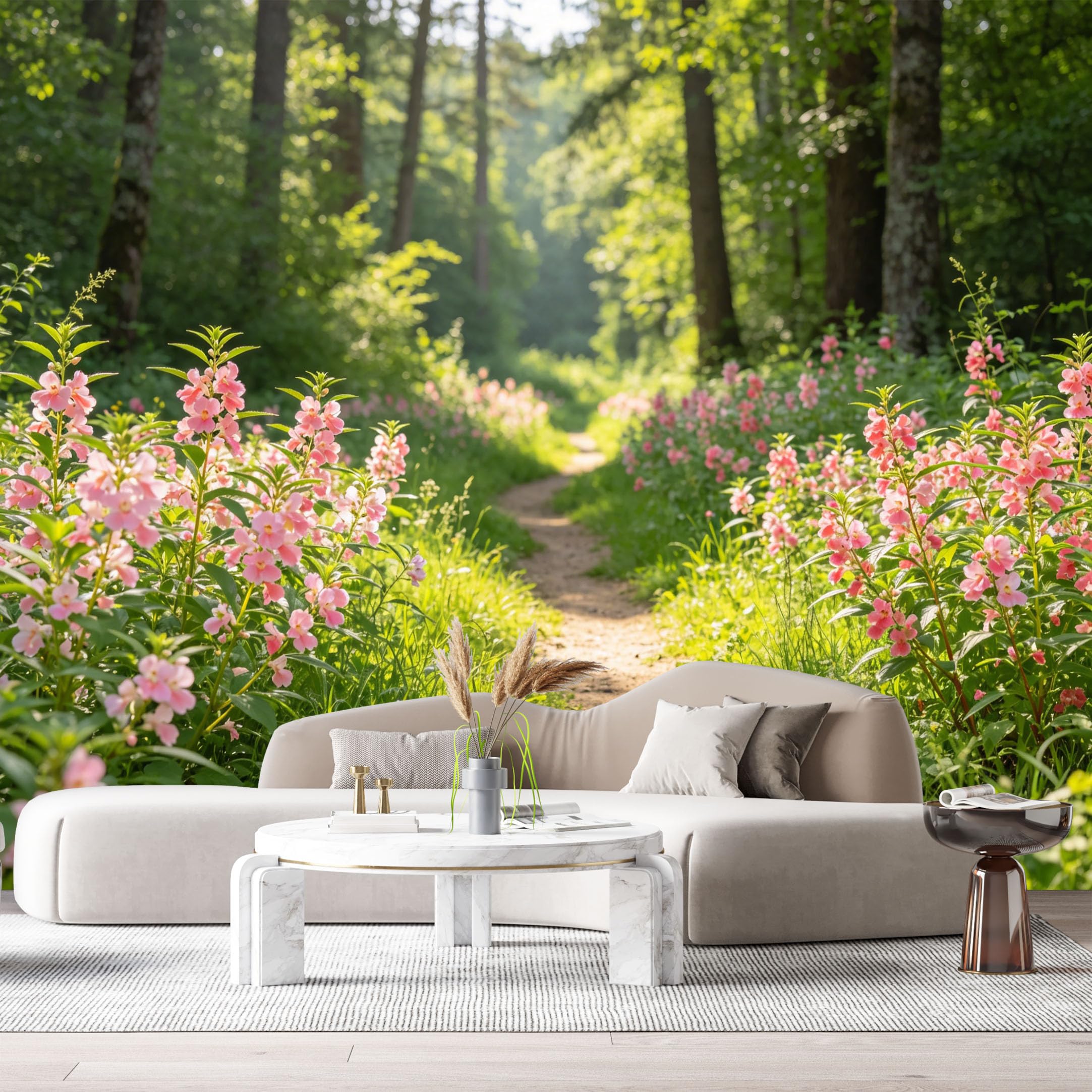 Custom Size Wall Murals Forest Botanical Path Pink Flowers Sunlight Green Leaves SelfAdhesive Wall Fabric Removable Large Wallpaper for Photo Living Room