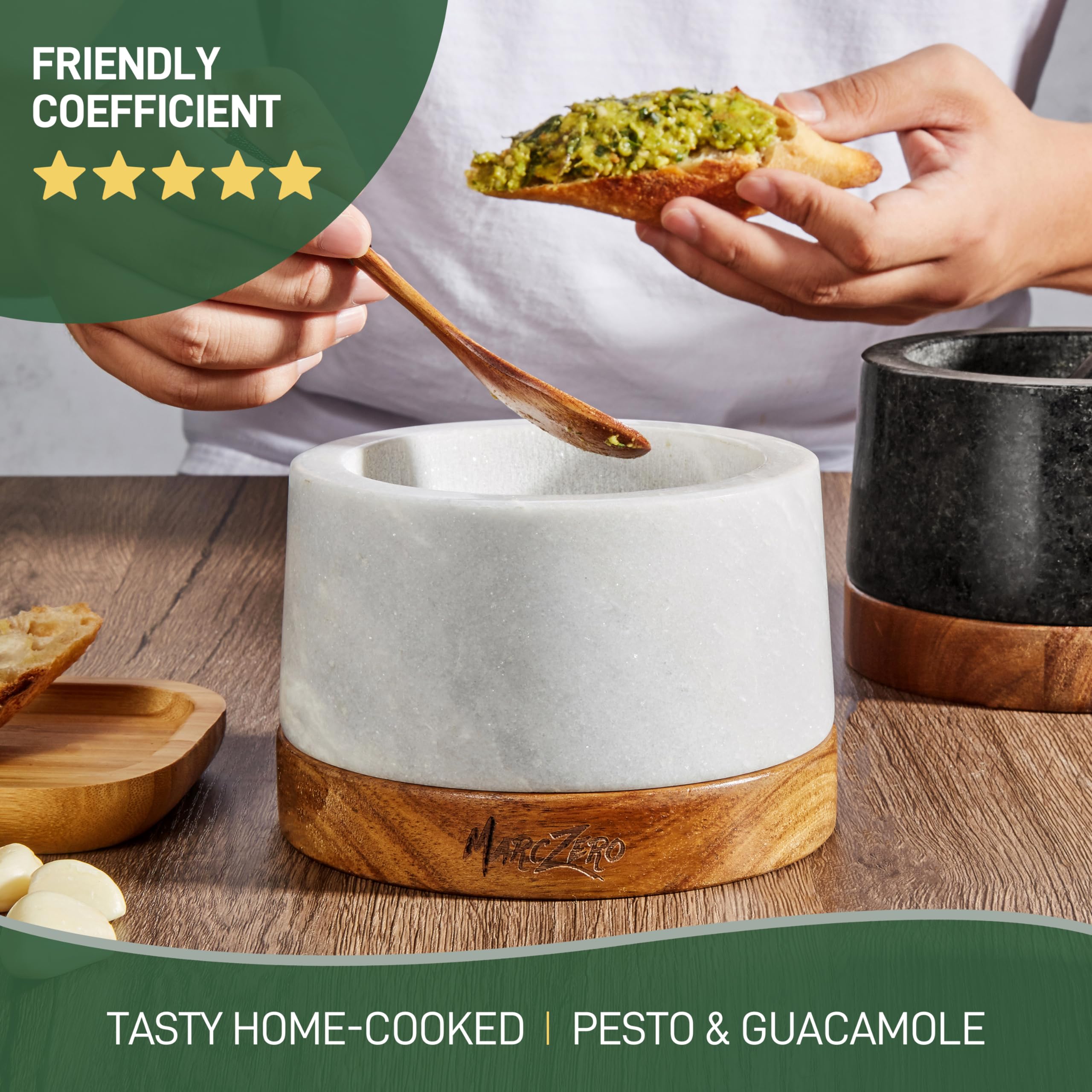 MarcZero Set di mortaio e pestello da 15,2 cm con base in legno antigraffio | Mortaio e pestello resistenti in marmo naturale (bianco)