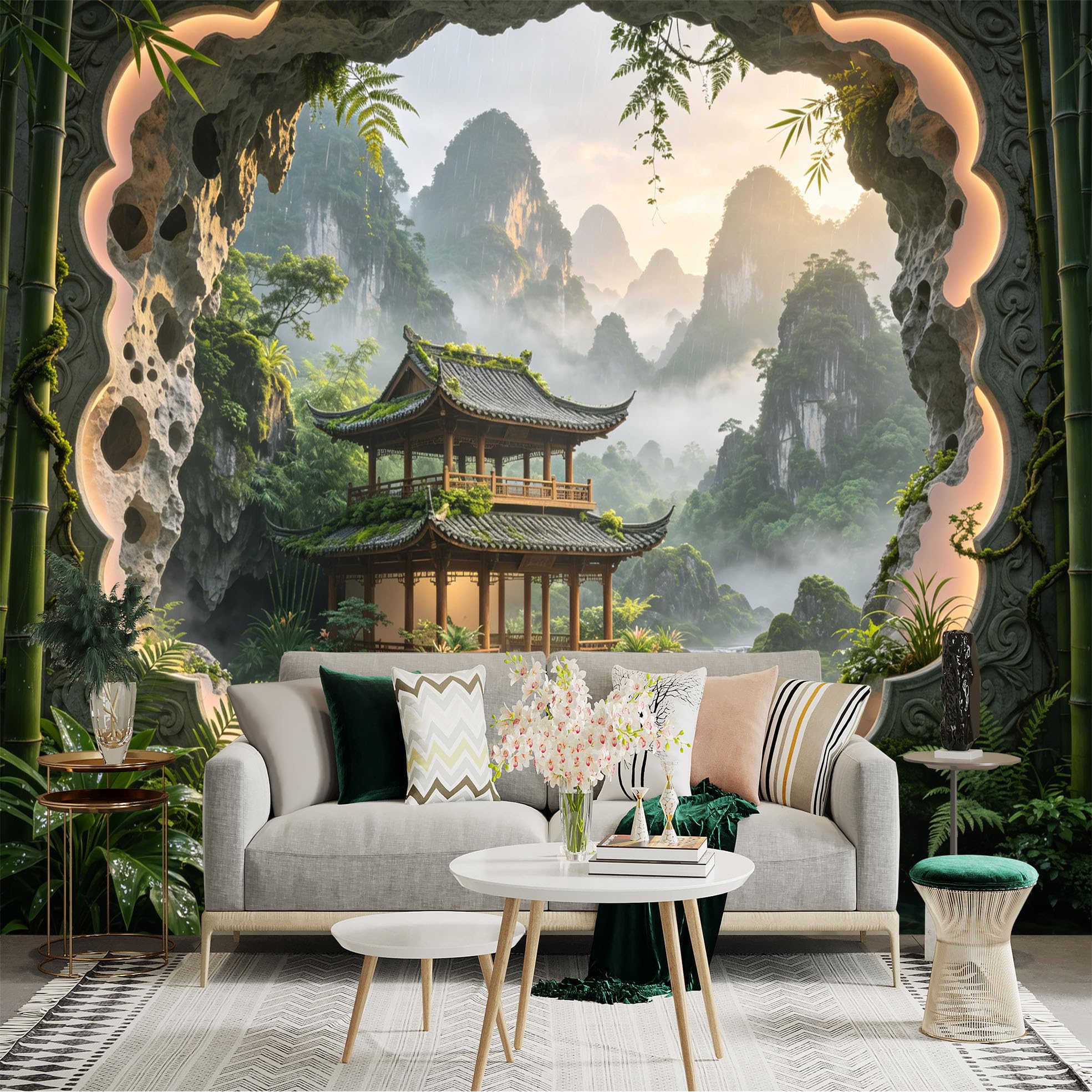 Custom Size Wall Sticker Mural， Chinese Garden Pavilion with Waterfalls and Misty Mountains， for wall Decoration， peelandstick wall Decals.