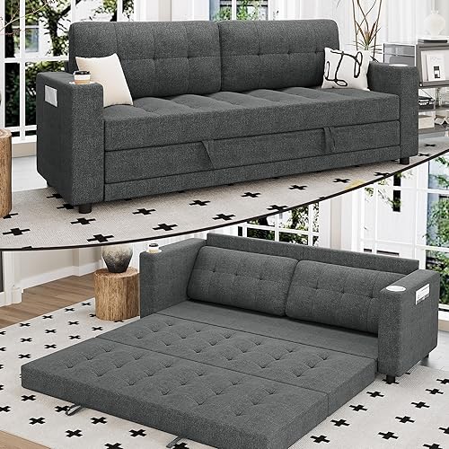 Upgraded Queen Size Futon Sofa Bed, 83" Thick Upholstery Loveseat Sleeper Sofa Pull Out Couch, Convertible Floor Couch for Bedroom/Living Room/Entertainment Room (Dark Grey)