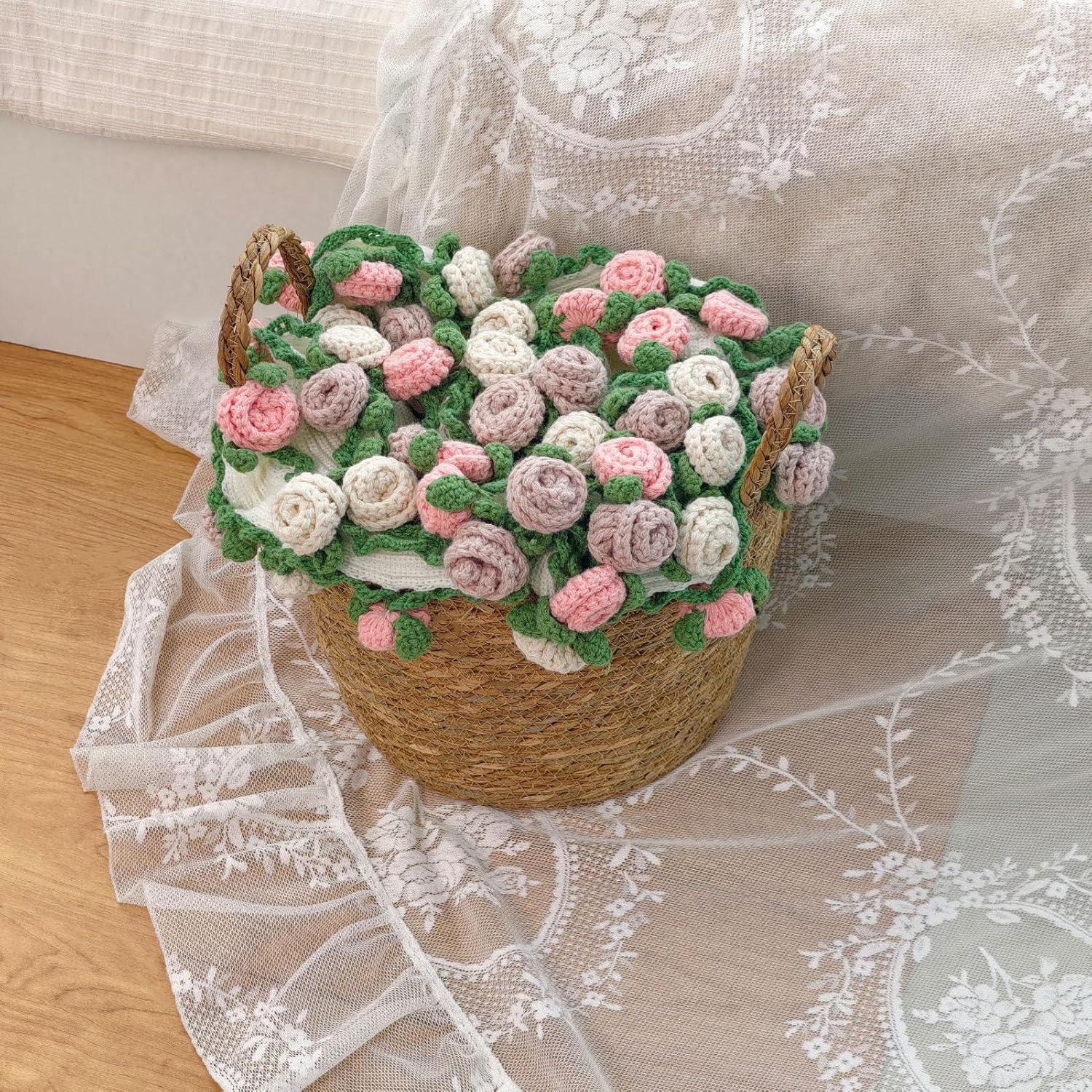 Crochet Rose Flower Bouquet Blanket, Handmade Throw Blankets, Romantic Gift for Friend Birthday, Valentine, Wedding Anniversary, Mother's Day (Multicolored Rose, 39 inches)