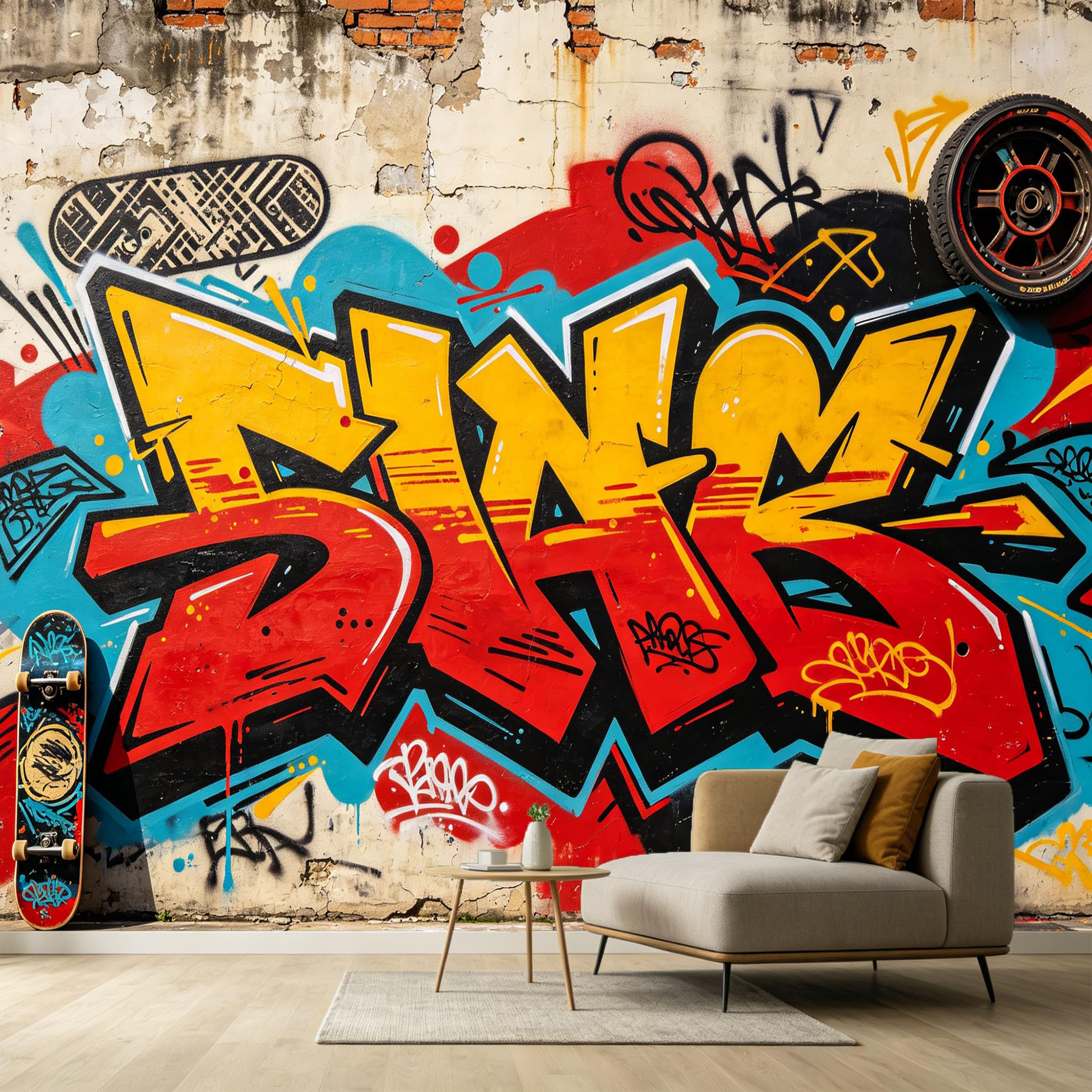 Custom Size Wall Murals Street Art Urban Graffiti Style Modern Industrial Aesthetic Skateboard and Tire Elements SelfAdhesive Wall Fabric Removable Large Wallpaper for Living Room