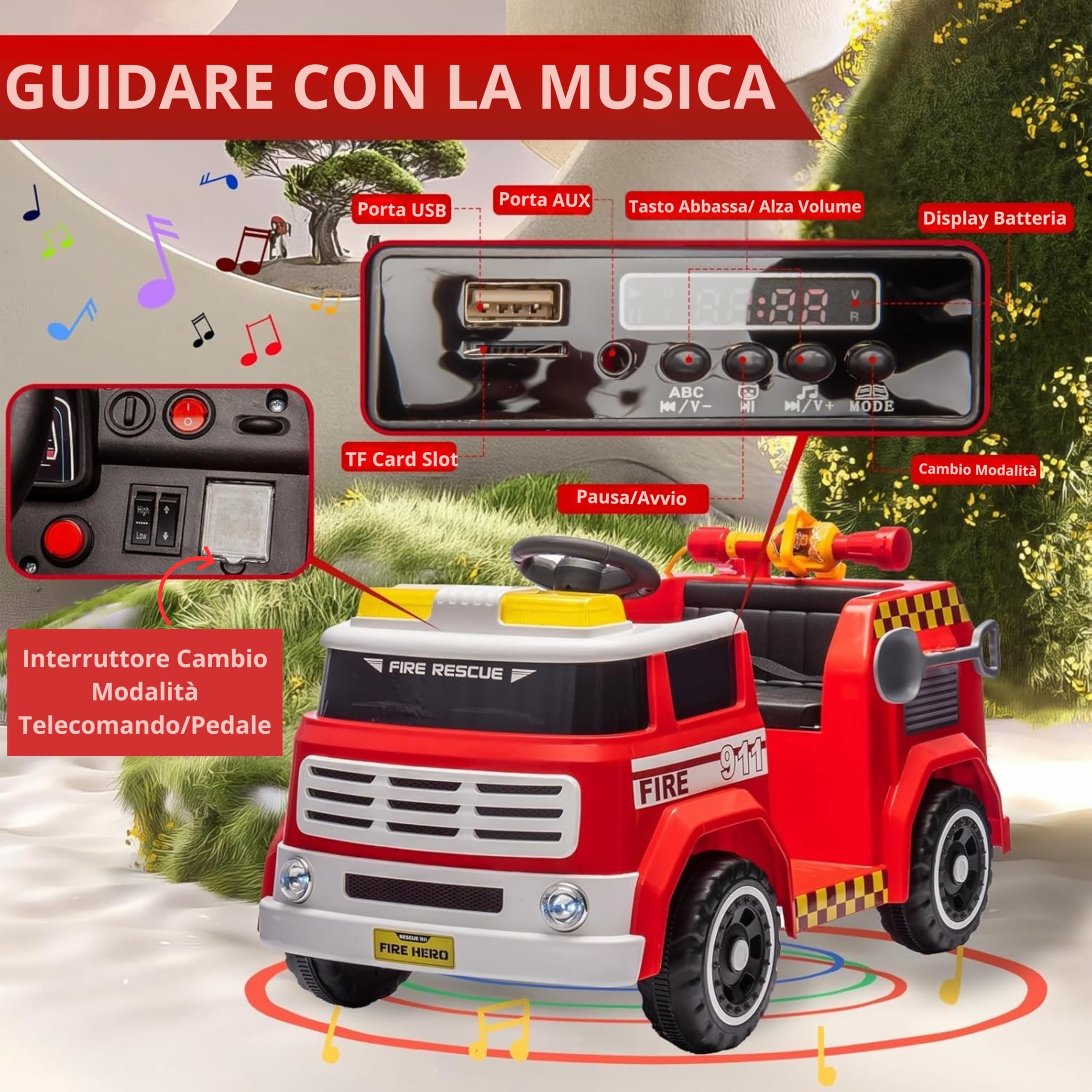 Camion Pompieri Cavalcabile Elettrico 12V per Bambini – Veicolo con Sirena, Luci Lampeggianti, Estintore ad Acqua, Microfono, Telecomando, Musica, LED, USB, Cintura di Sicurezza