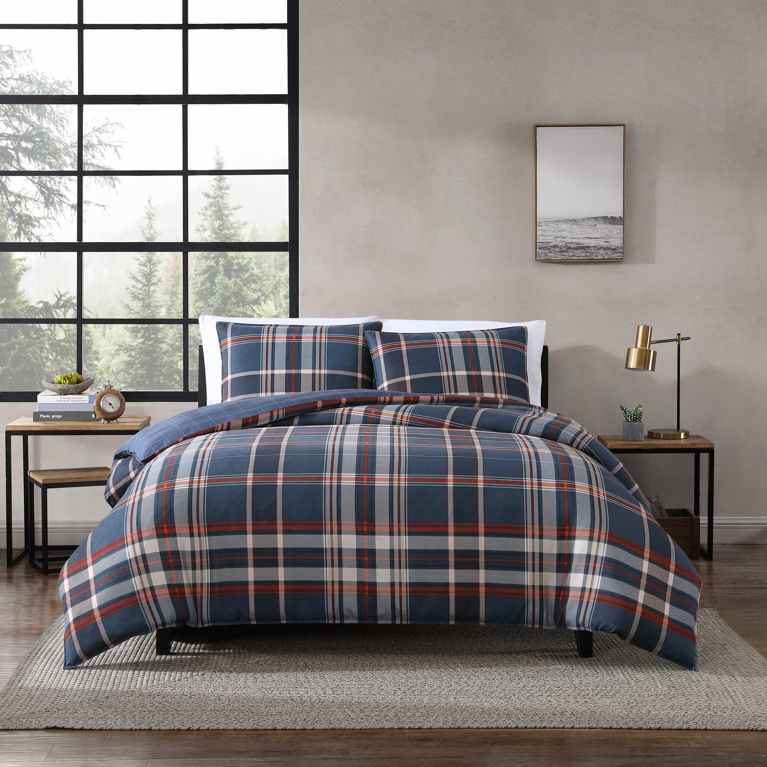 Eddie Bauer - Queen Duvet Cover, Reversible Bedding Set with Matching Shams, Cozy Home Decor (Shasta Lake Navy, Queen)