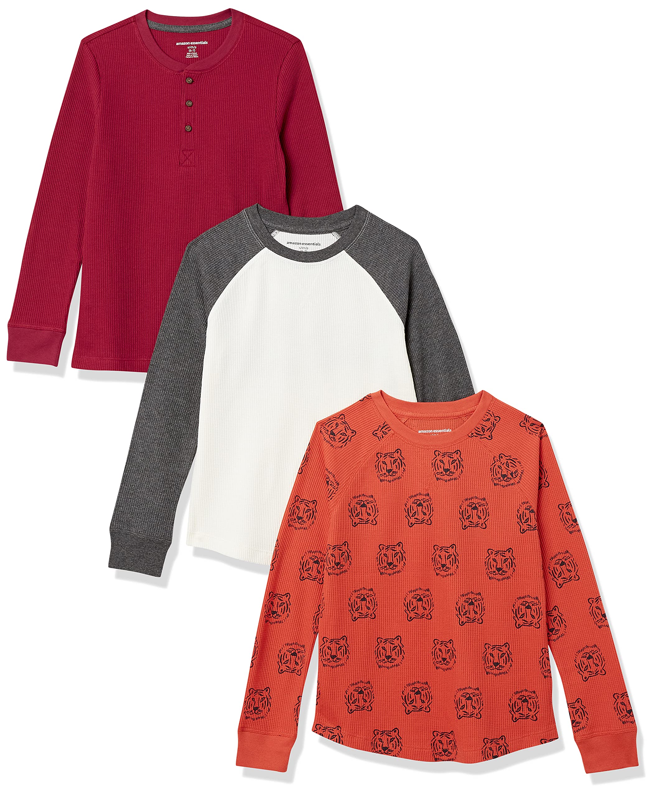 Amazon Essentials Boys' Long-Sleeve Cotton Thermal T-Shirt, Base Layer, Pack of 3, Orange Tiger/Red/White, XX-Large