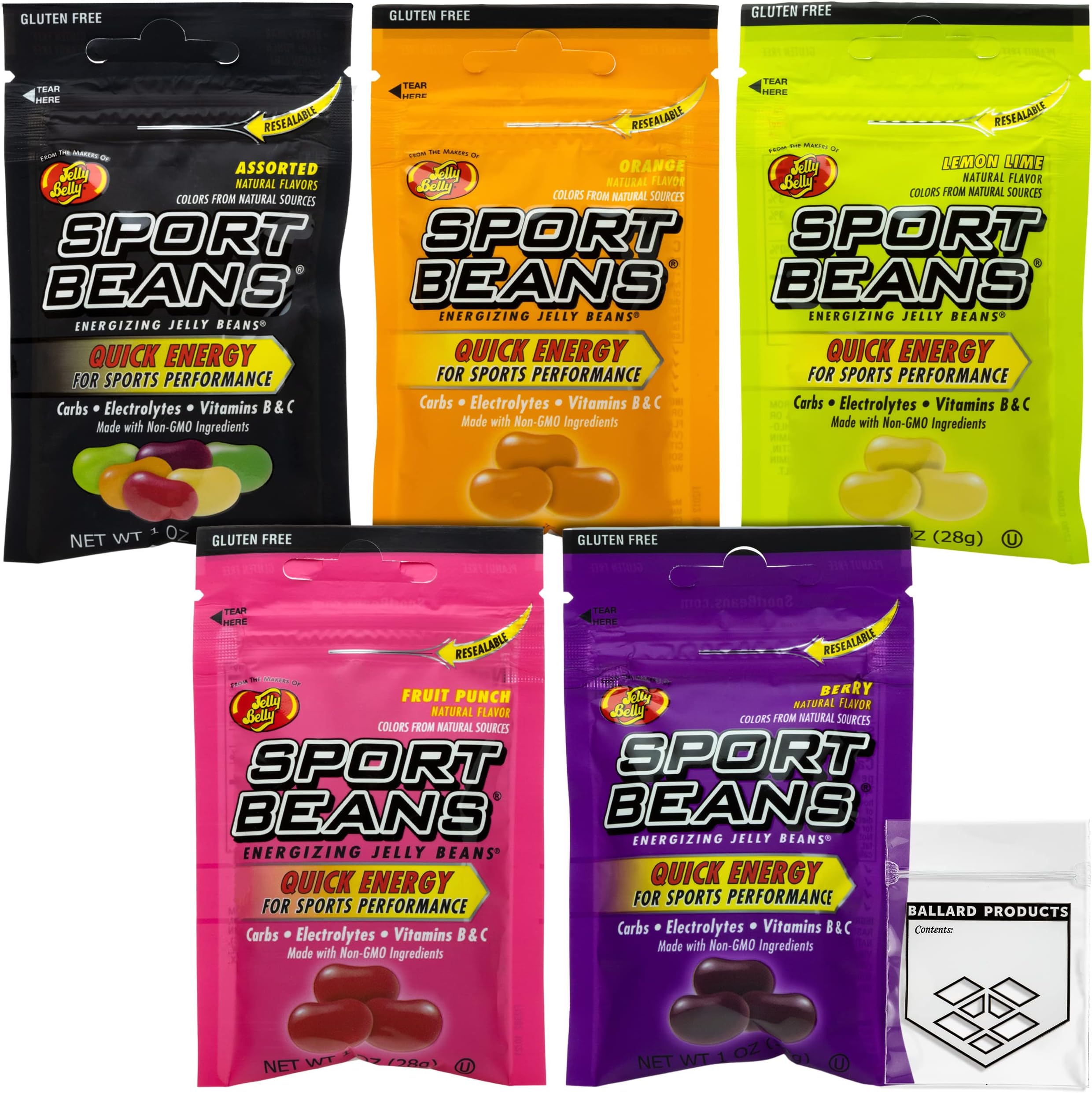 Jelly Belly Sports Beans Bulk Pack of 5 Bags - 5 Bags of Jelly Beans Energy Chews For Running - Candy Jelly Beans for Sports Nutrition - Bundle with Ballard Products Pocket Bag