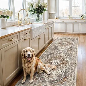 Madane Hallway Runner 3x8, Kitchen Rugs Washable Entryway Rug Vintage Kitchen Runners Non Slip Indoor Area Rug Farmhouse Carpet Runner for Bathroom Living Room Bedroom (3 X 8, Turmeric/Grey)