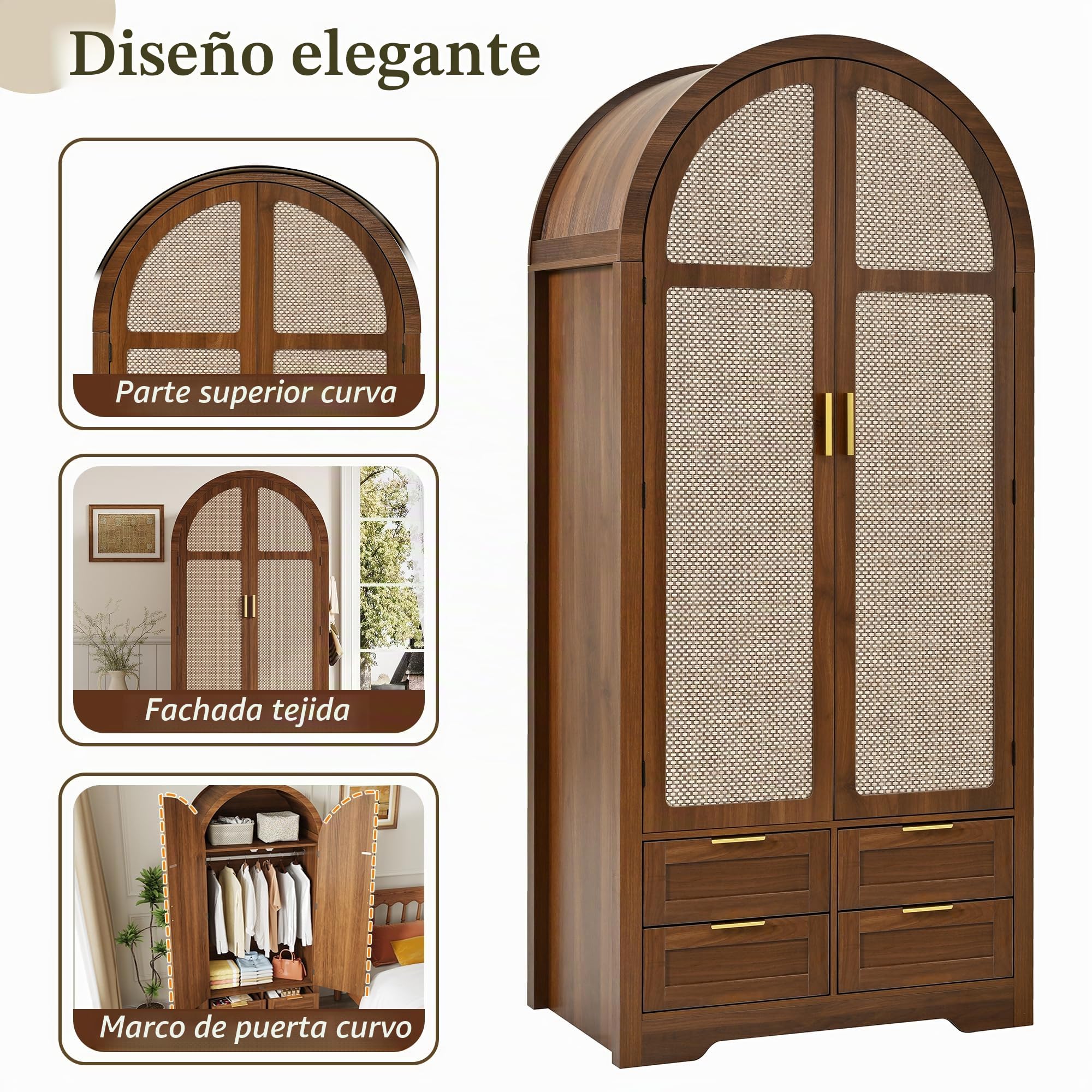 Azkoeesy Armario moderno con forma de arco, puertas con aspecto de ratán, 4 cajones, tiradores dorados, 80x50x179 cm, para dormitorio y pasillo (Nogal)