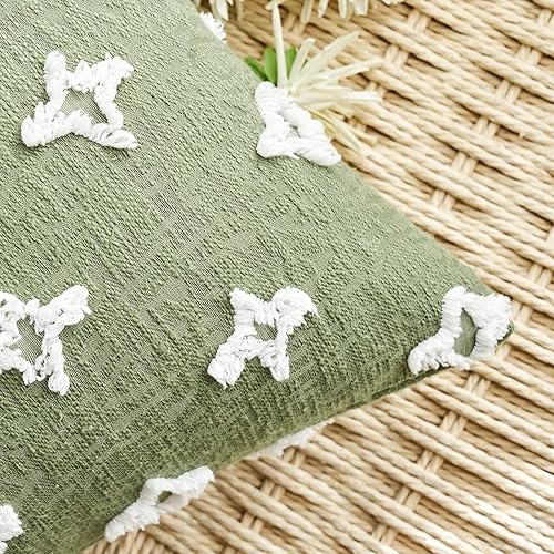 Miniatura 3 de ANRODUO Paquete de 2 fundas de almohada decorativas de estilo bohemio verde salvia con jacquard rómbico copetudo para decoración de habitación,