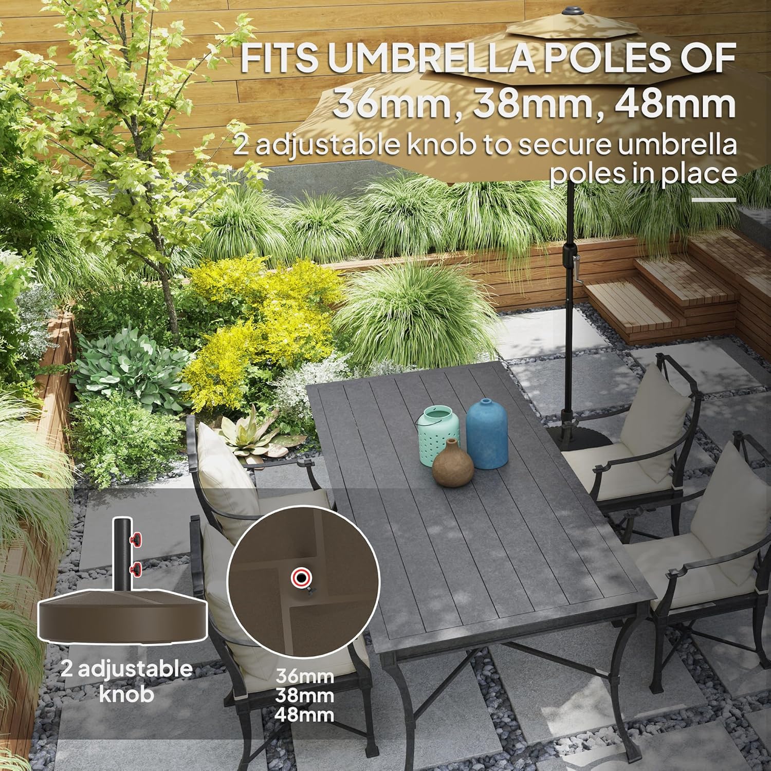 Outsunny Patio Umbrella Base Holder, Heavy Duty Outdoor Umbrella Stand Base, Filled Up to 66lbs with Stand or 55lbs with Water for Garden, Poolside, Brown - Image 3