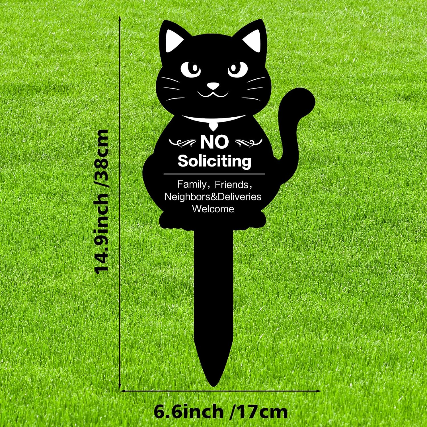No Soliciting Sign for House No Soliciting Yard Sign Metal Cat No Soliciting Thank You Sign with Stake Outdoor Yard Decorations for Front Door Lawns Gardens Home Decor 15" x 7"(White） image 2