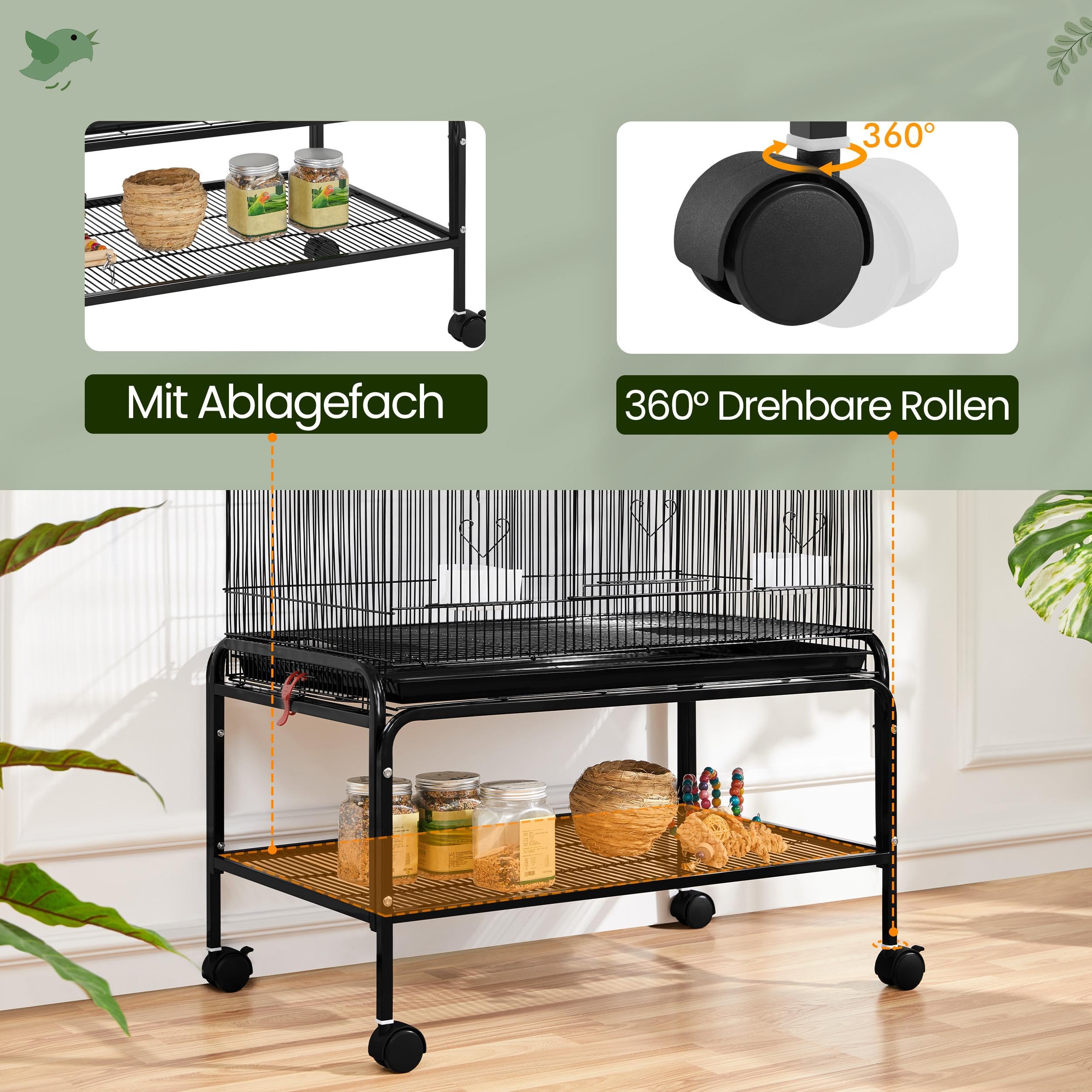 Yaheetech Vogelkäfig groß, 79 × 49 × 134,5 cm, Vogelvoliere mit 3 Sitzstangen, Papageienkäfig mit 6 Türen, Käfig für Wellensittich, 4 Futternapf, Schmutzwanneneinsatz, Schwarz