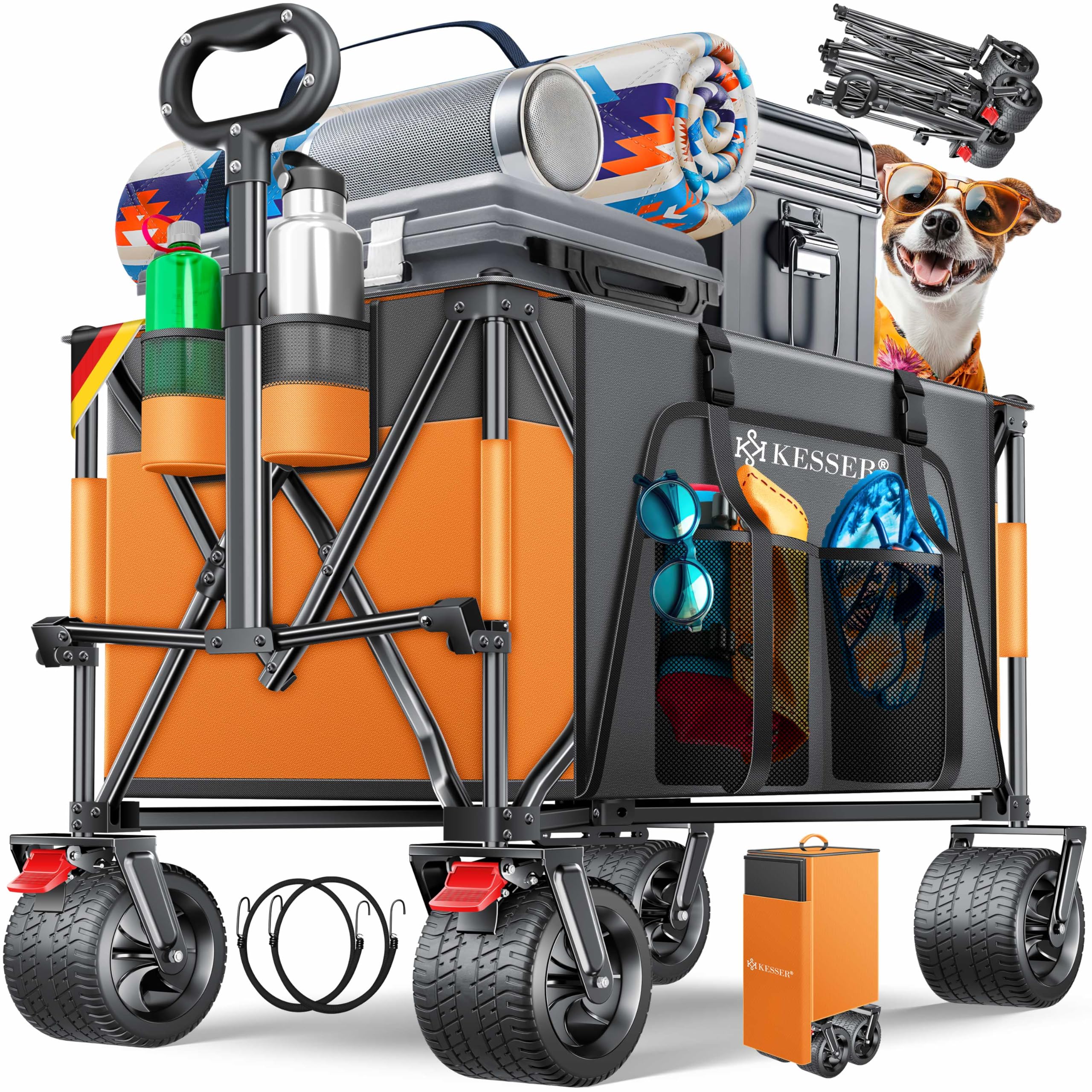 KESSER® Bollerwagen GTR9000 Handwagen 200Kg | 300L Stauraum Transportwagen faltbar extra breite 360° Räder & Feststell-Bremsen Wetterbeständig Strandwagen inkl Abdeckung Seitentasche & Getränkehalter