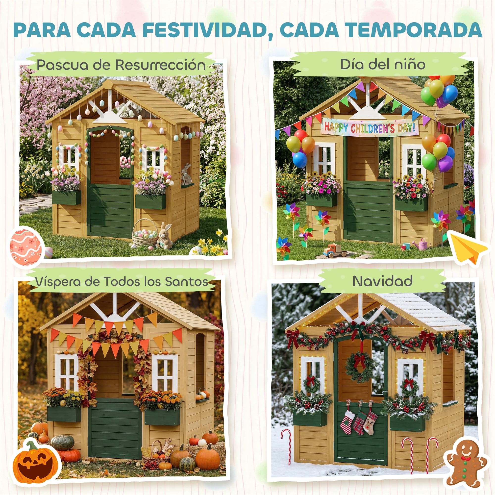 AIYAPLAY Casita Infantil Exterior e Interior de Madera, Casita Infantil con 2 Maceteros, 3 Ventanas, Media Puerta, Casa de Jardín para Niños de 3-8 Años, Marrón