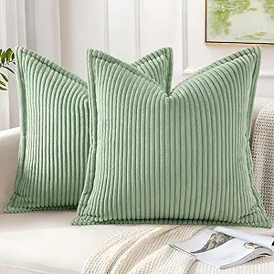 Mecatny Corduroy Throw Pillow Covers 18x18 Set of 2, Neutral Decorative Soft Boho Couch Pillow Covers with Broadside for Sofa Living Room, Sage Green