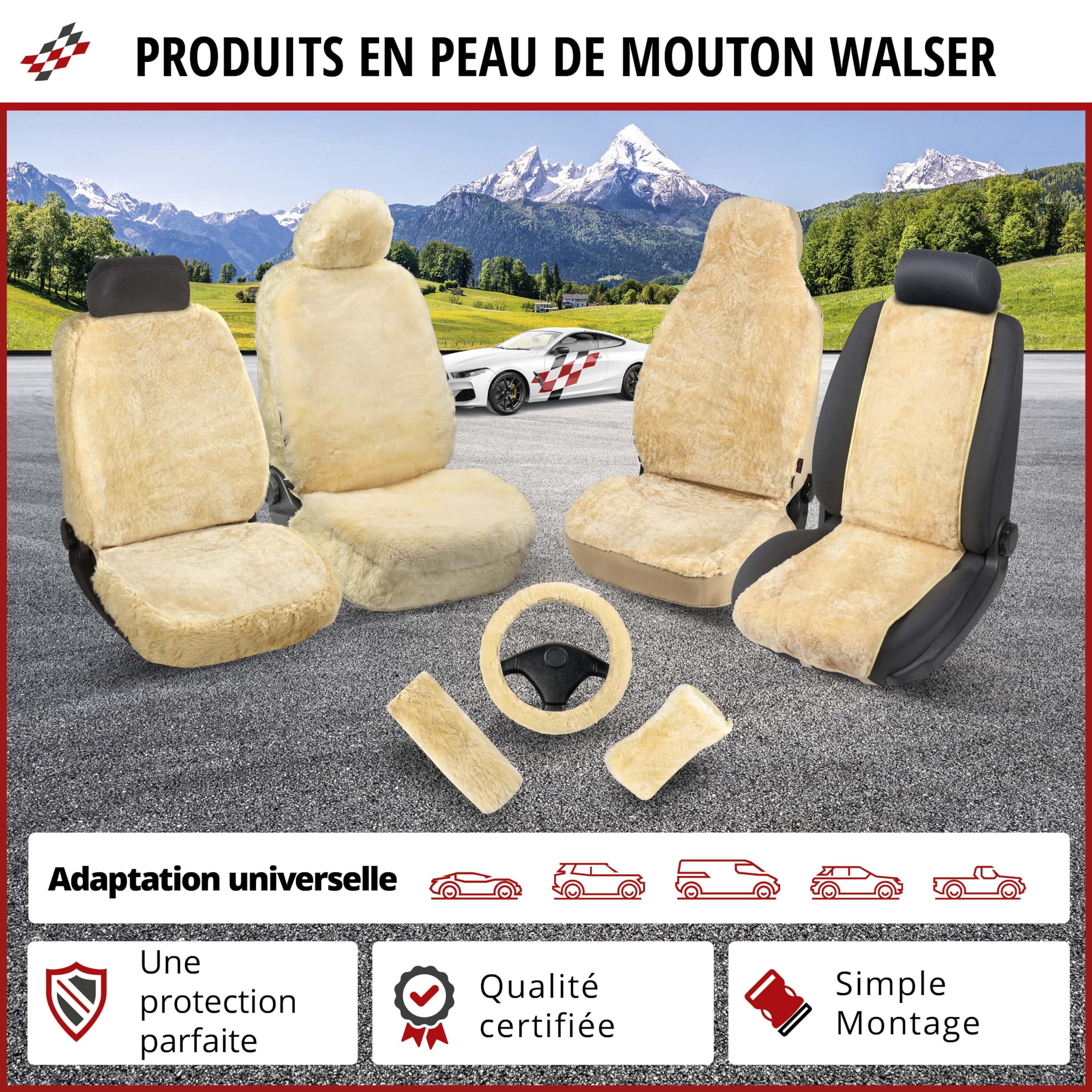 Walser Housse de siège Auto en Peau d'agneau Zoya, 100% Peau de Mouton Housse de siège pour Voiture, 1 pièce de Fourrure d'agneau Housses de sièges Avant de Voiture Beige