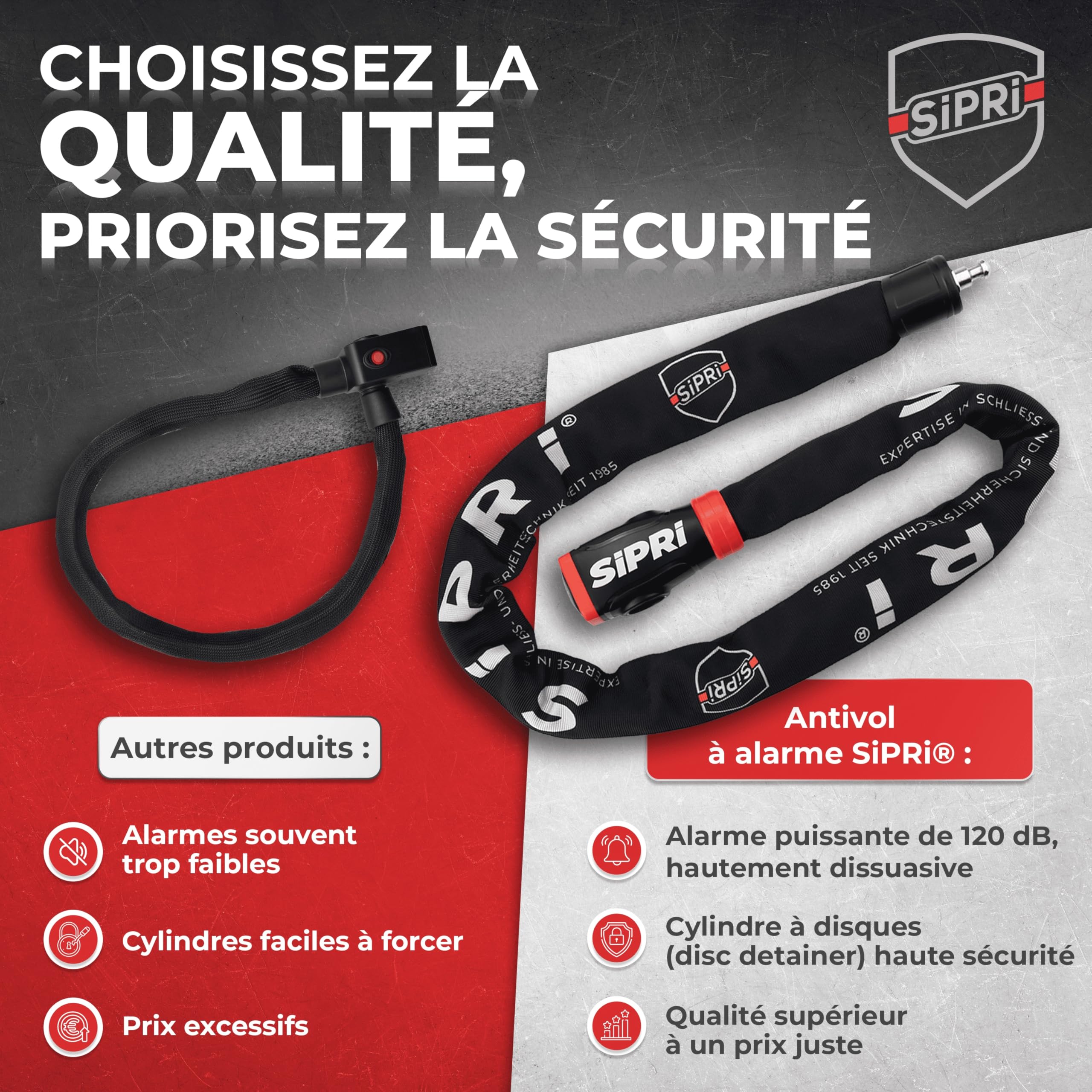SIPRI Antivol pour vélo avec alarme 120 dB | Antivol à chaîne pour vélo | électrique, scooter électrique, moto, 8 mm en acier, résistant aux intempéries, robuste, durable, clé