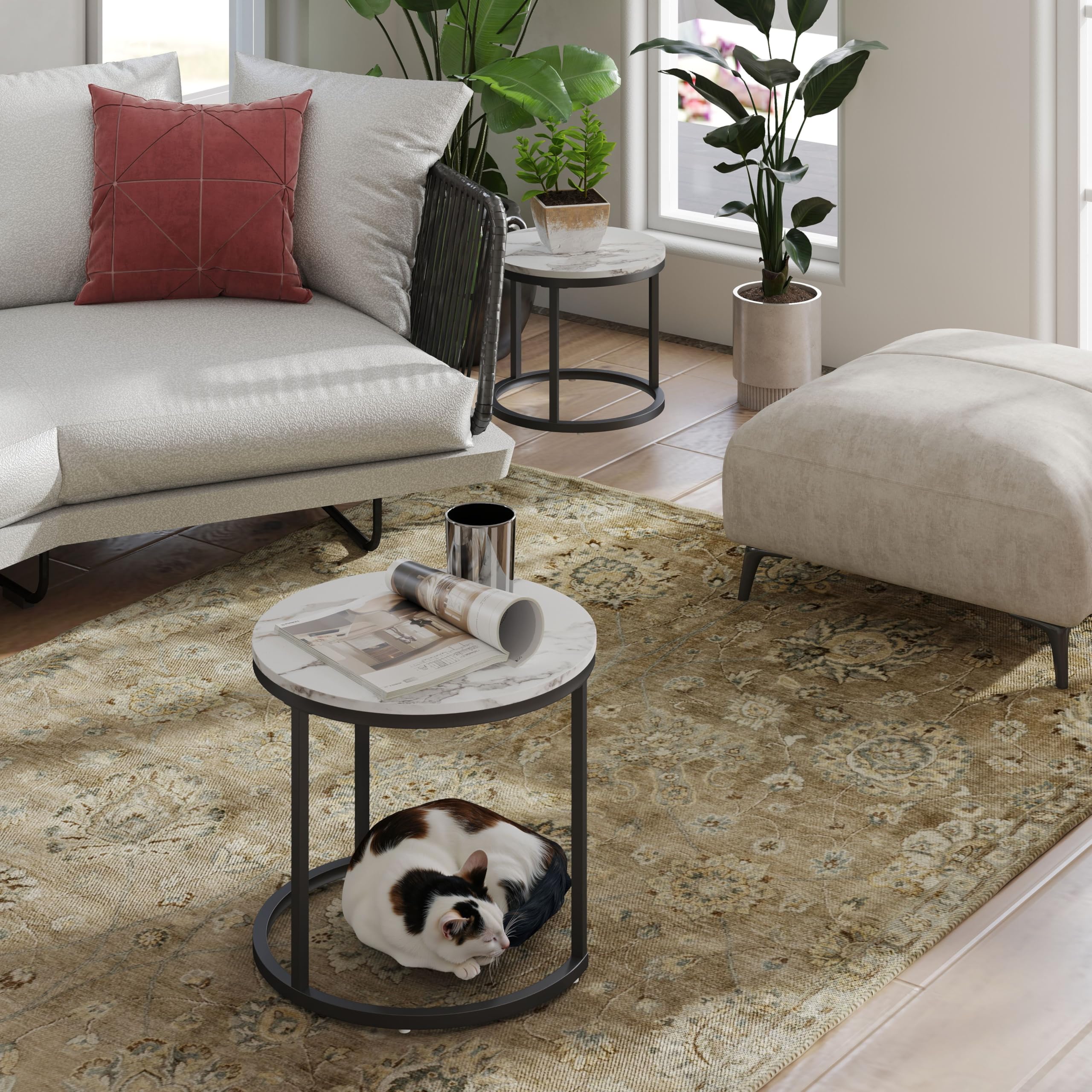 Tavolino Salotto Rotondo, Set di 2 Tavolino Soggiorno Moderno, Gamba in Metallo Nero, Adatto per Soggiorno, Caffetteria, Lounge 50x45cm +40x35cm (Bianco+Nero)