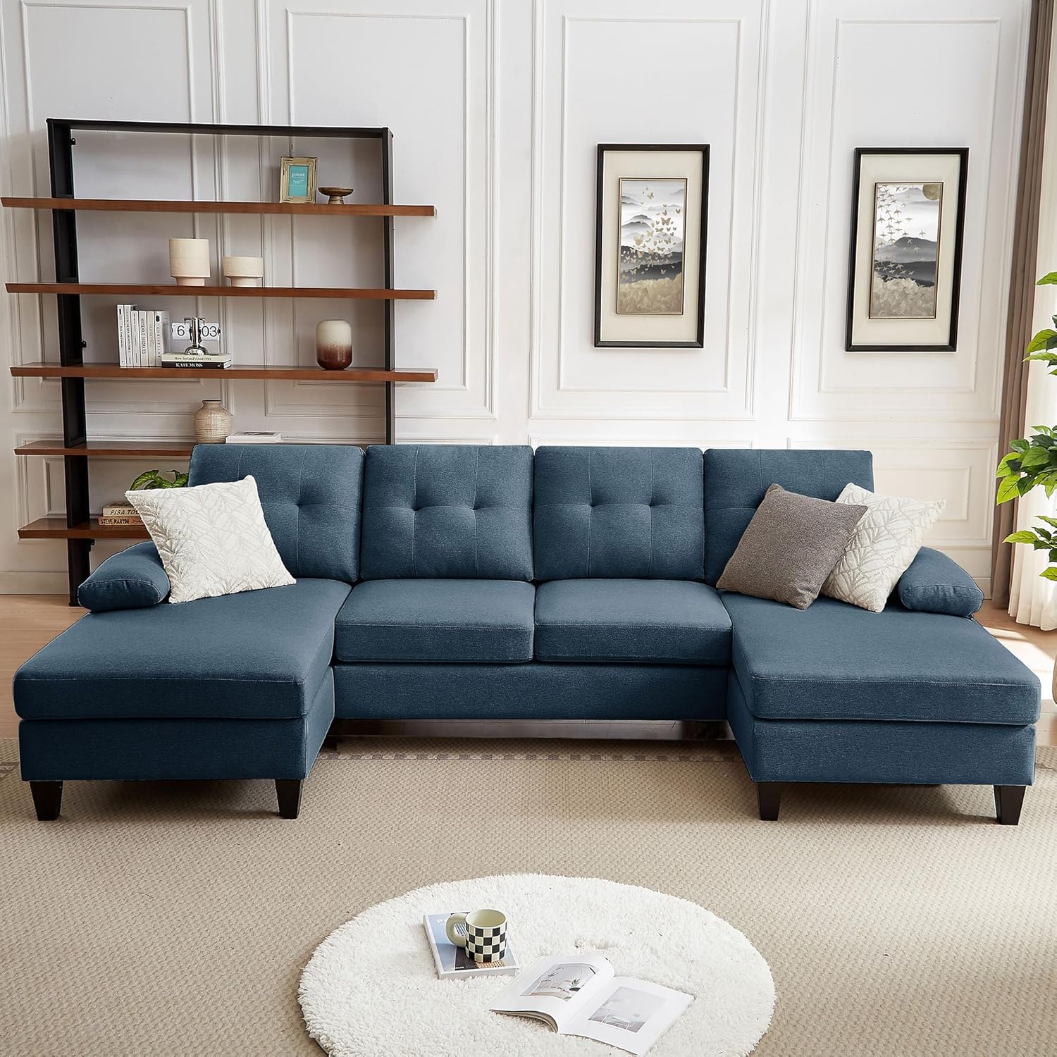 Sectional Couch for Living Room, Modern Linen Fibre U Shaped Sofa Couches with Double Chaise, Upholstered 4 Seater Sofa for Living Room, Apartment, Office, Blue