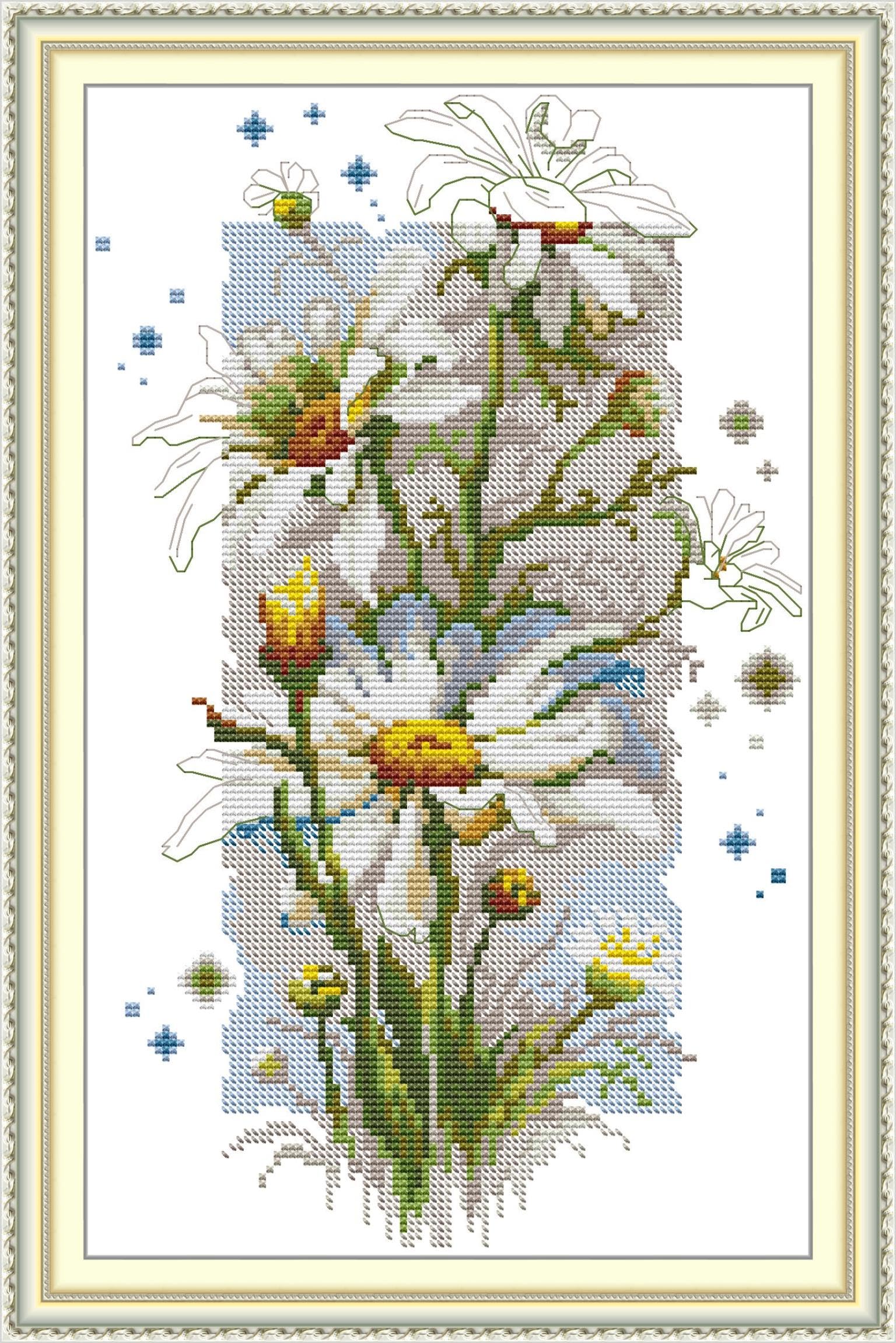 CaptainCrafts Cross Stitch Kits, Counted Cross Stitch Unpreprinted Fabric DIY Art Embroidery Kits Needlework Crafts (Unpreprinted 14CT, White Daisy)