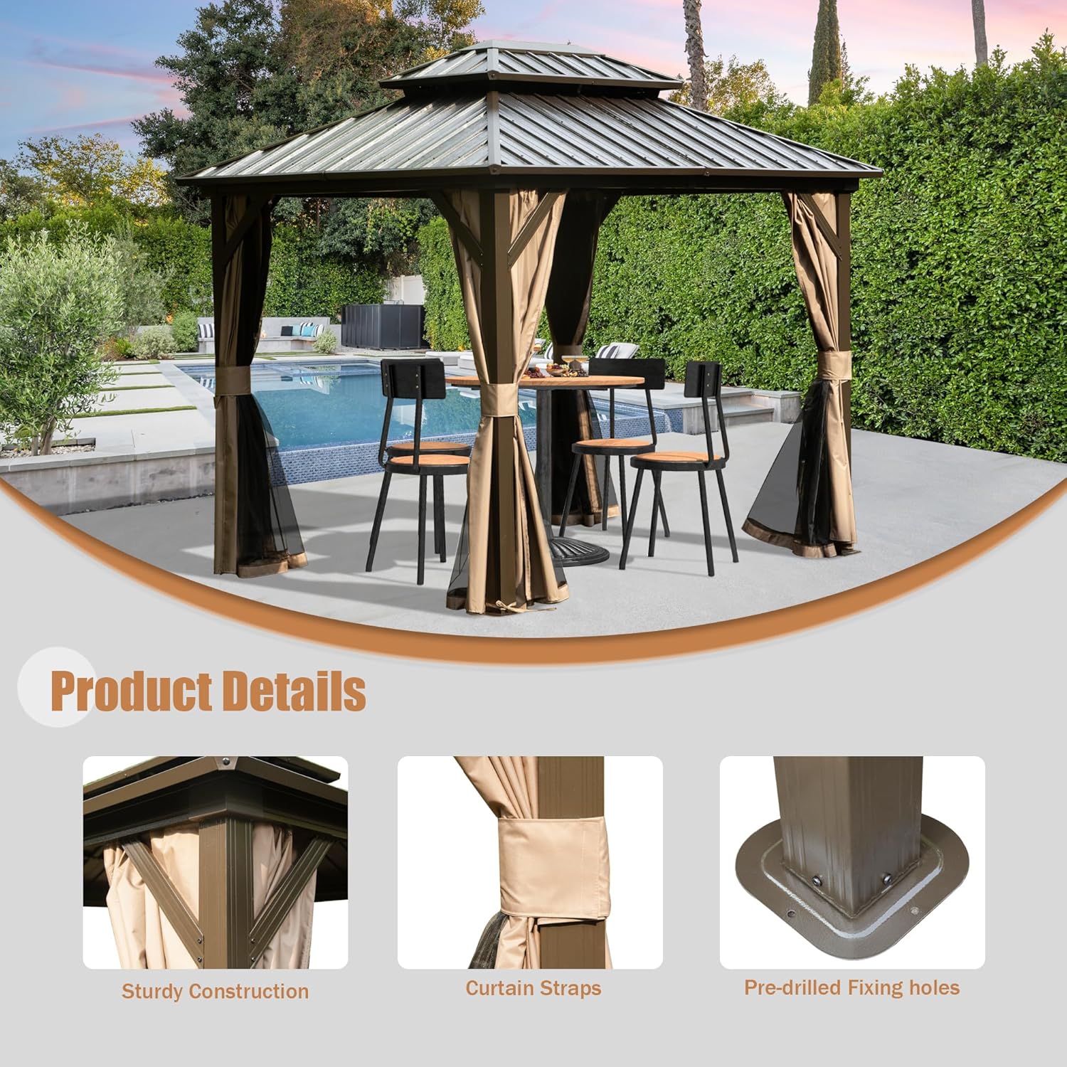 Close-up of the gazebo ceiling showing three J-shaped hooks for hanging items and seamless one-piece mesh for mosquito protection.