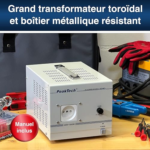 Peak Tech P 2240 - Transformateur d'Isolement, Appareil de Mesure, Noyau Toroïdal, Isolation Galvanique, Classe de Protection 1, Tension d'Entrée : 230 V, Puissance de Sortie : 500 W - 160x125x235 mm - 7