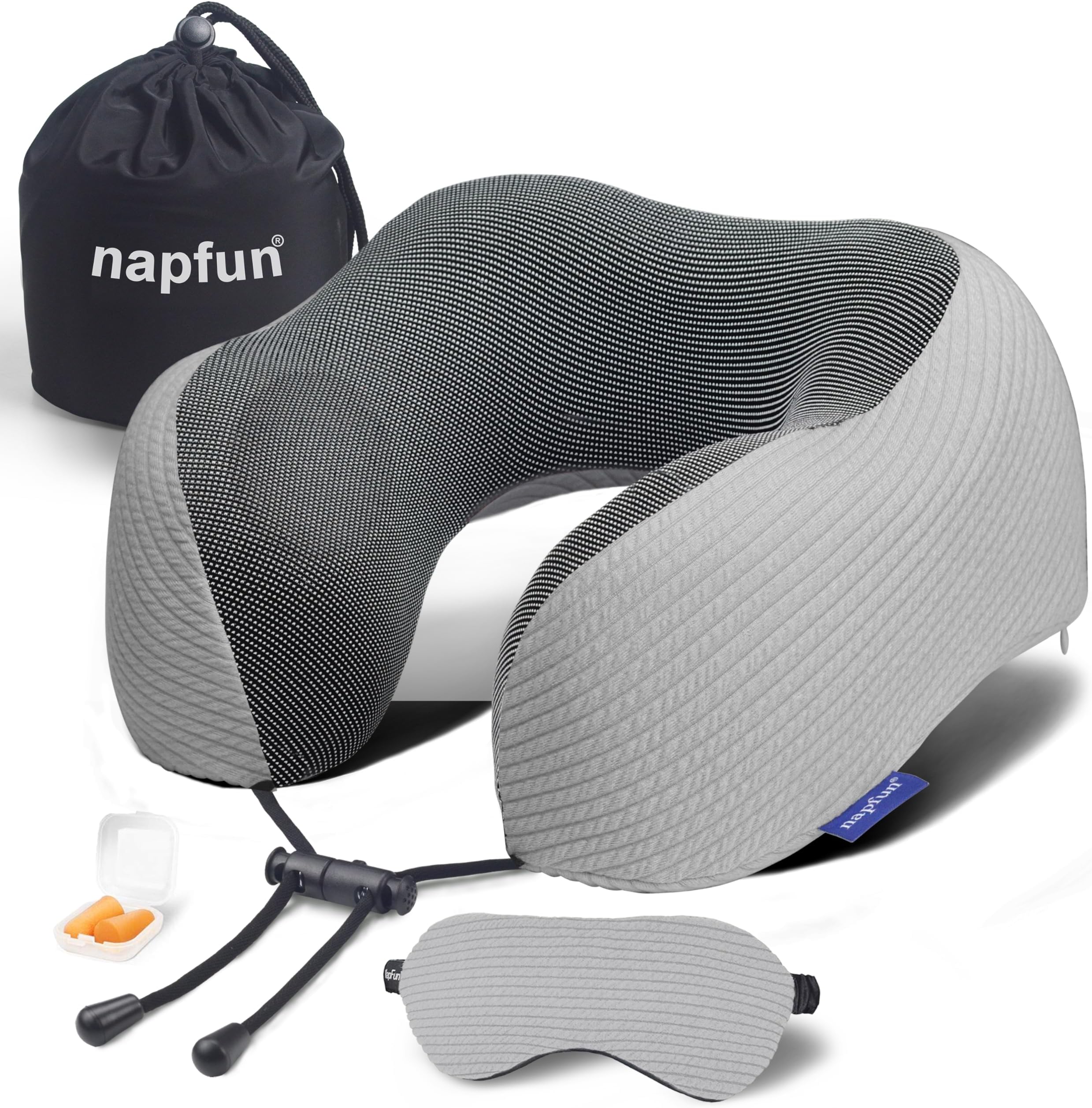napfun Neck Pillow for Travel with Travel Pouch, Sleep Mask & Earplugs, Memory Foam Airplane Pillow for Headrest Sleep with Eyeshades, Plane Essentials with Eye Blindfold, Light Gray Striped Kit