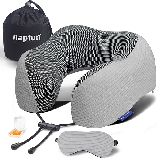 مراجعة napfun: وسادة رقبة سفر من رغوة الذاكرة 100% — مريحة ومحمولة (رمادي مخطط)
