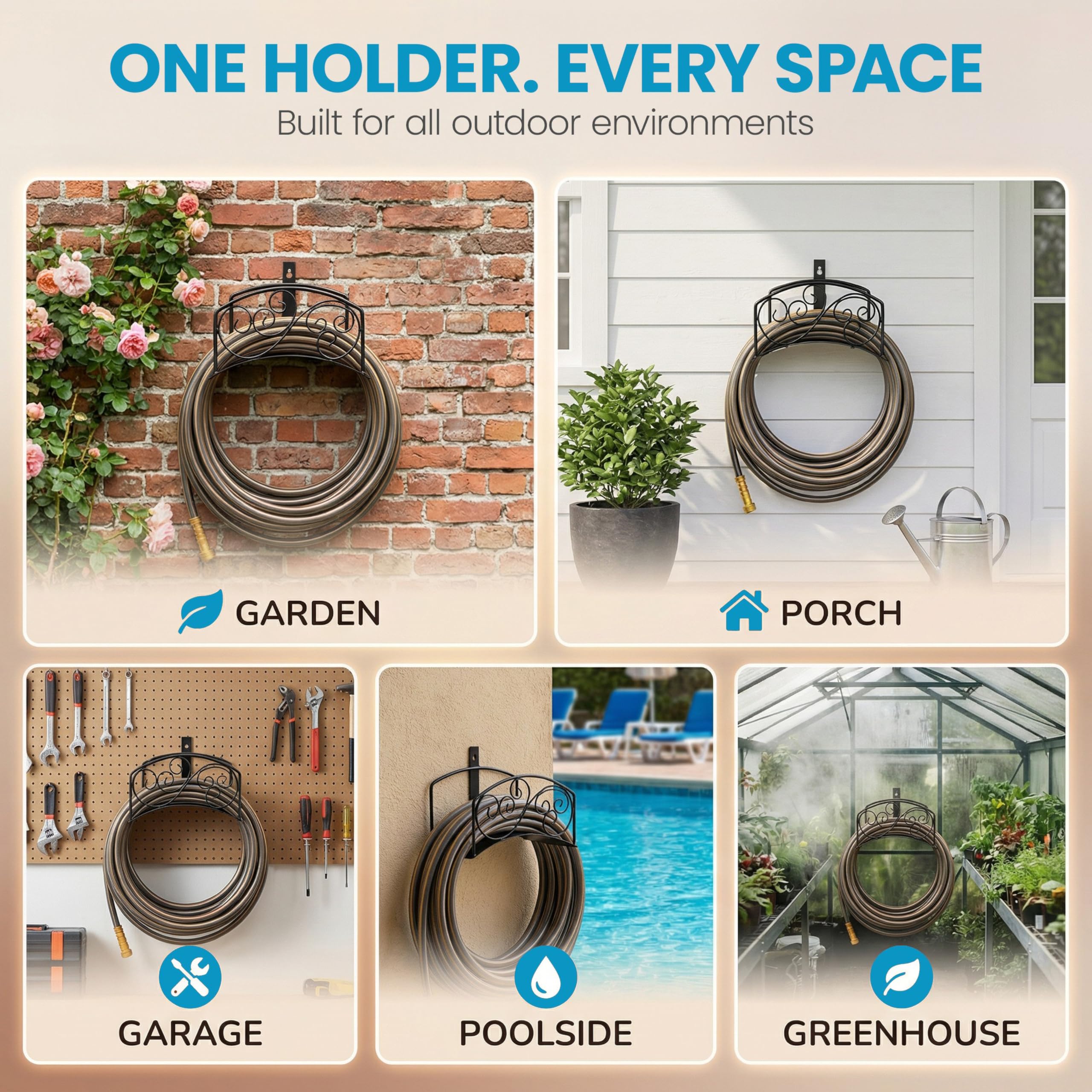 Gardenised Soporte de manguera de metal clásico para montaje en pared, colgador resistente para exteriores y organizador de manguera de agua con ganchos de carrete resistentes y tornillos para patio,