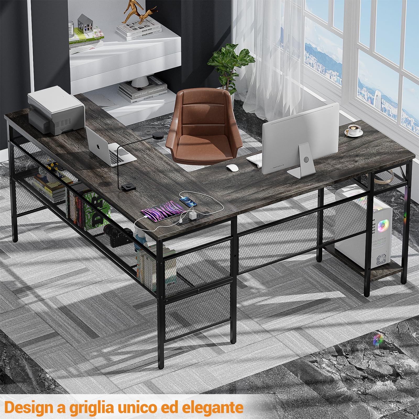 iSunirm Scrivania Gaming a L,110x80 cm Scrivania Angolare Reversibile con LED,Scrivania ad L per Casa Ufficio,Scrivania Computer con 2 Prese e 2 Porte USB,Quercia Grigia