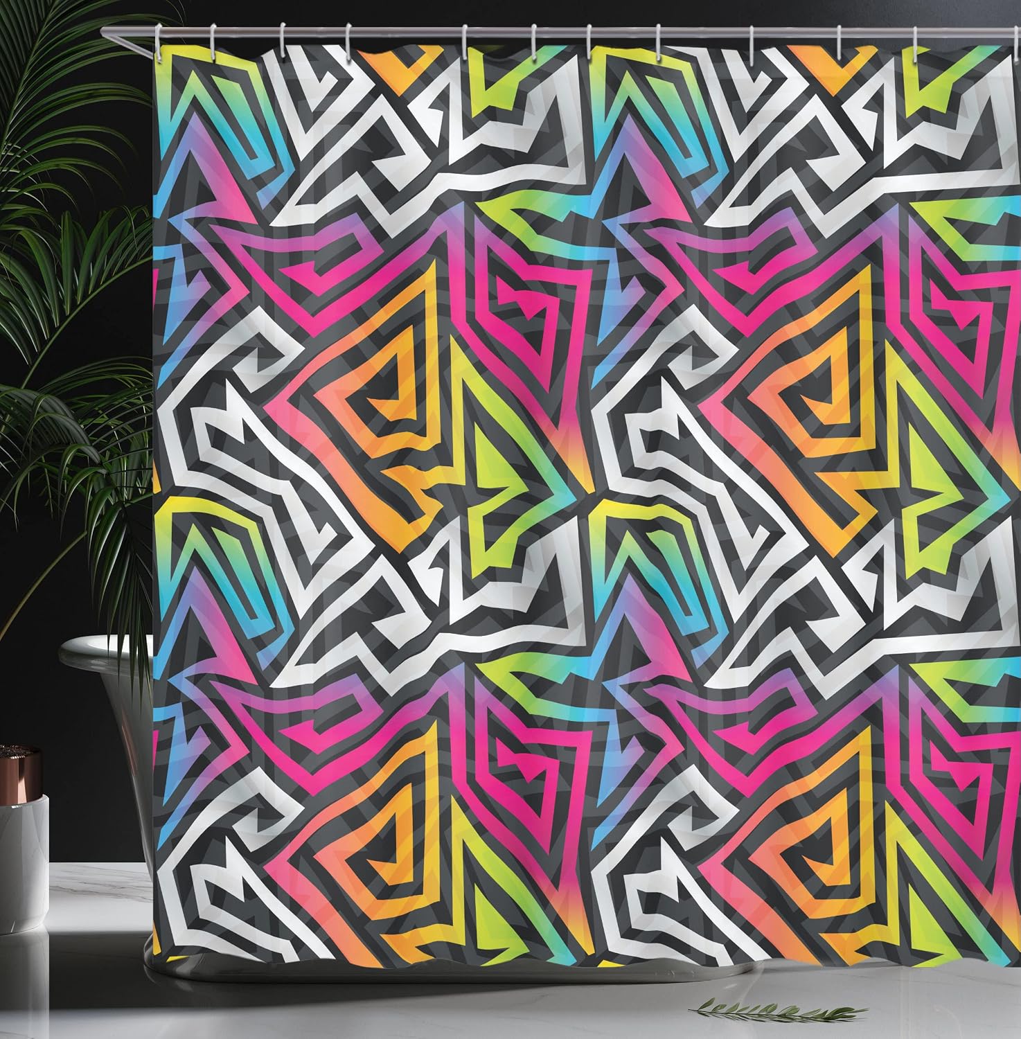 Ambesonne Urban Graffiti Shower Curtain, Rainbow Colored Labyrinth Bold Lines Shaded Colorful Maze Inspired Pattern, Cloth Fabric Bathroom Decor Set Hooks, 69" W x 84" L, Dark Slate Blue Multicolor