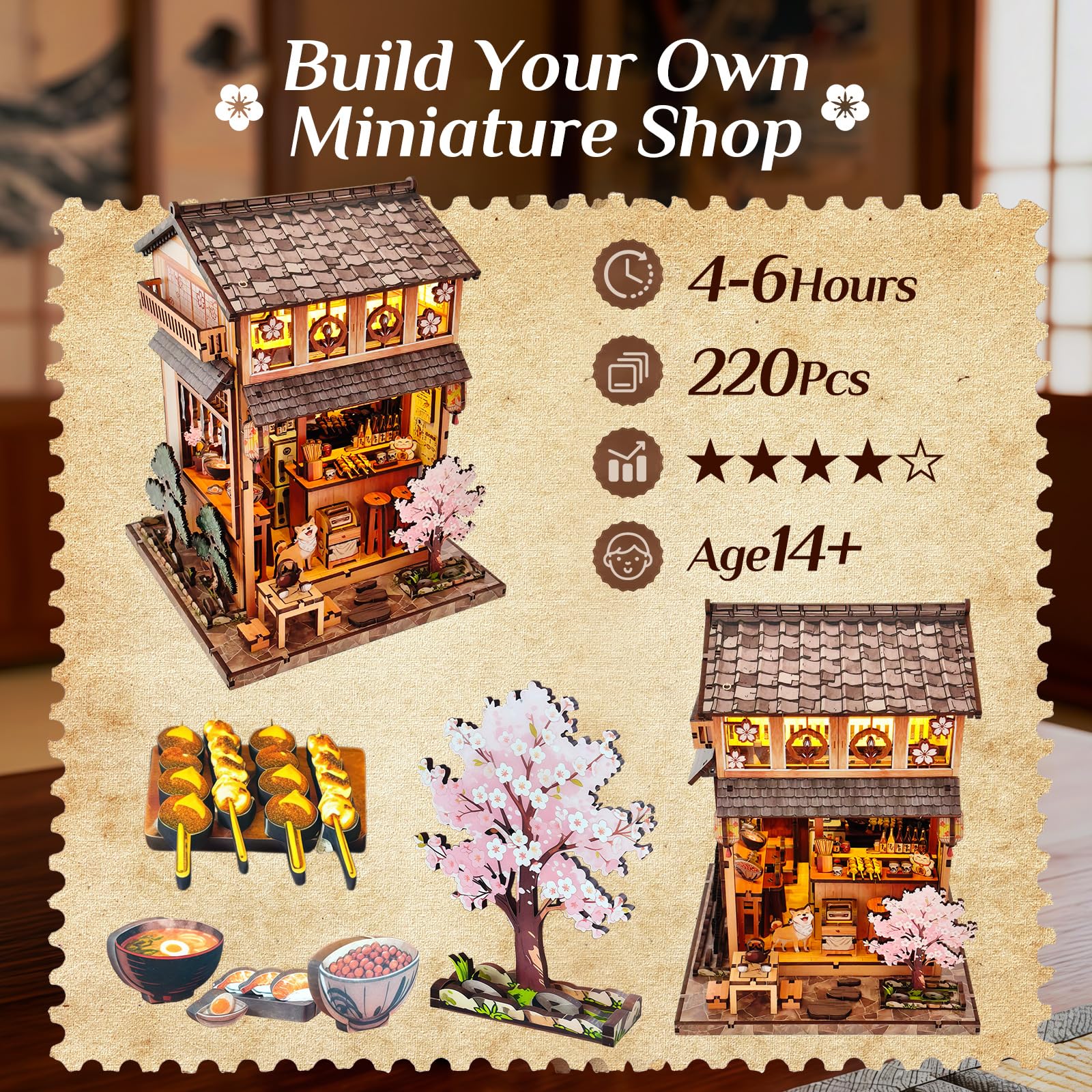 Tecnock DIY Miniaturhaus Bausatz für Erwachsene & Jugendliche, Sakura Izakaya mit Touch-Licht, Book Nook Deko, 3D Holzpuzzle Geschenk für Japan-Fans (Sakura-Izakaya)